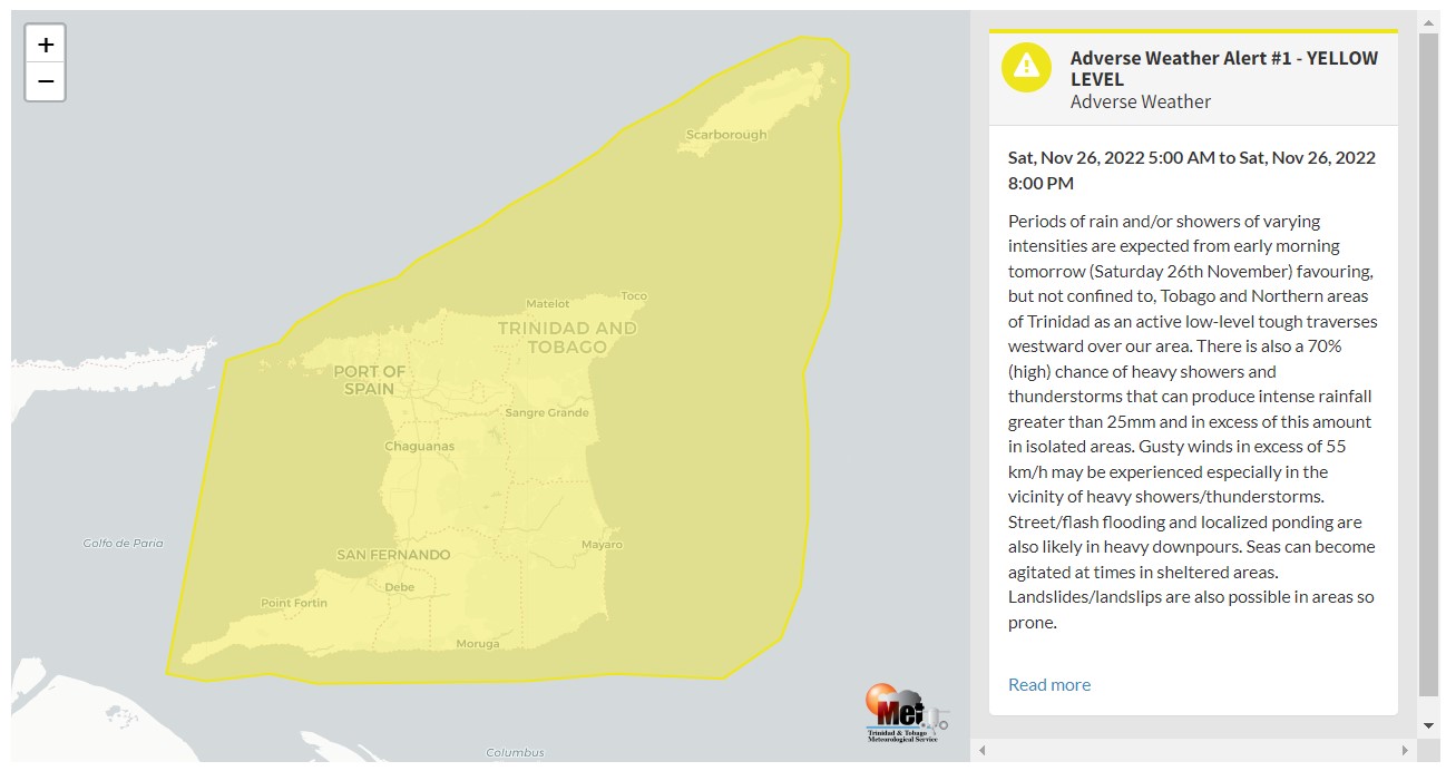 Adverse Weather Alert information from the Trinidad and Tobago Meteorological Service