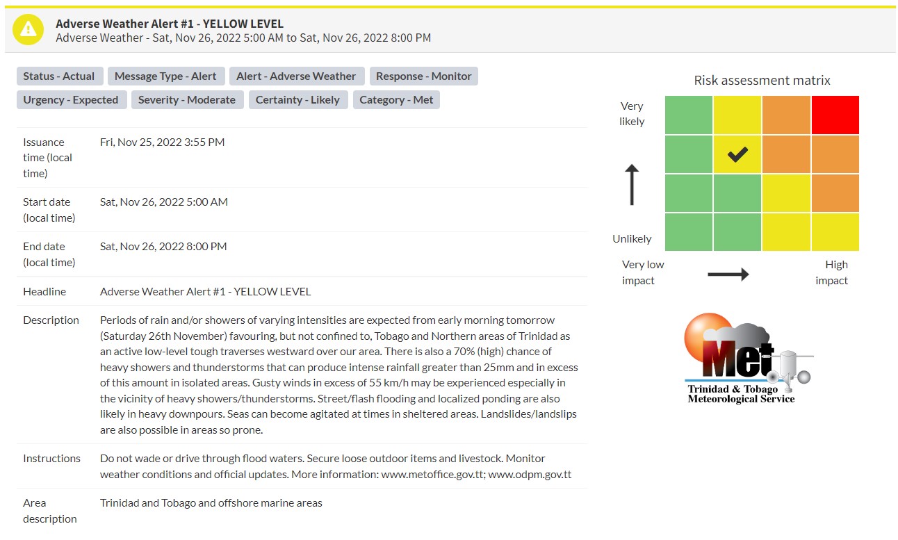 Adverse Weather Alert information from the Trinidad and Tobago Meteorological Service