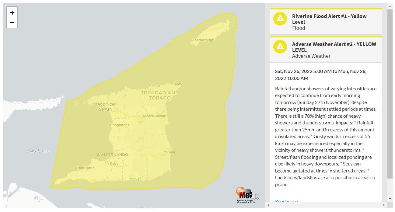 Adverse Weather Alert information from the Trinidad and Tobago Meteorological Service