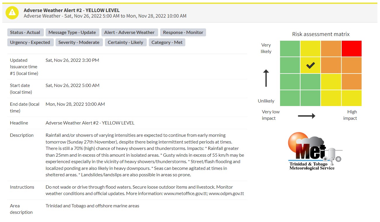 Adverse Weather Alert information from the Trinidad and Tobago Meteorological Service