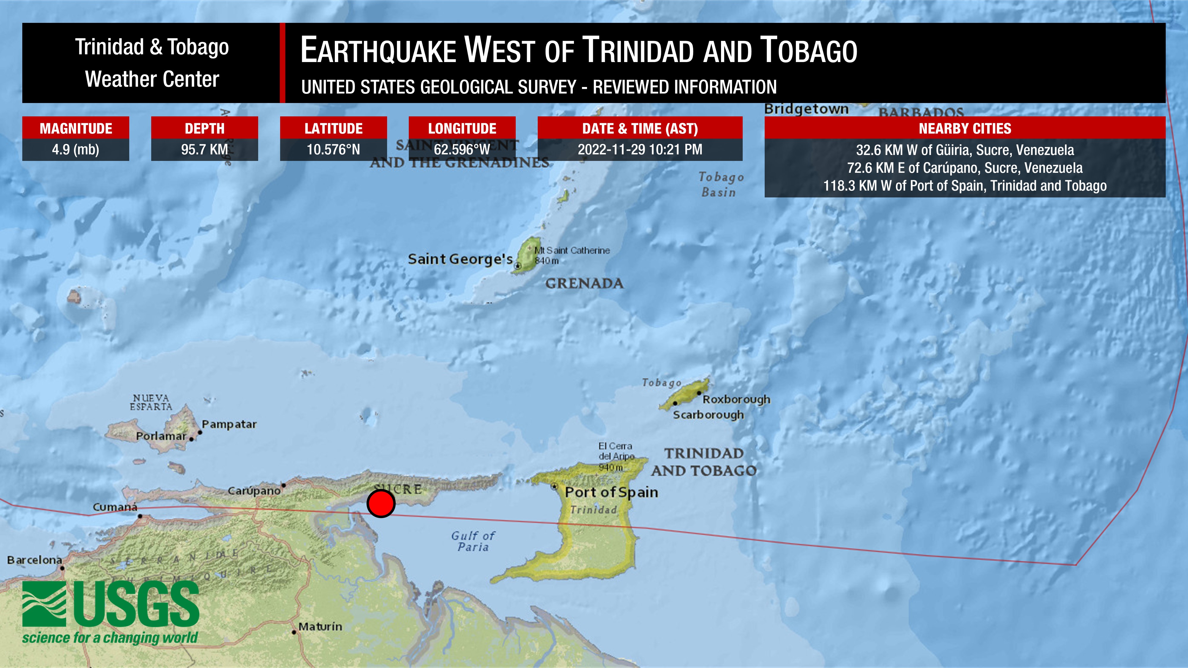 Information from the USGS concerning the earthquake west/northwest of Trinidad.