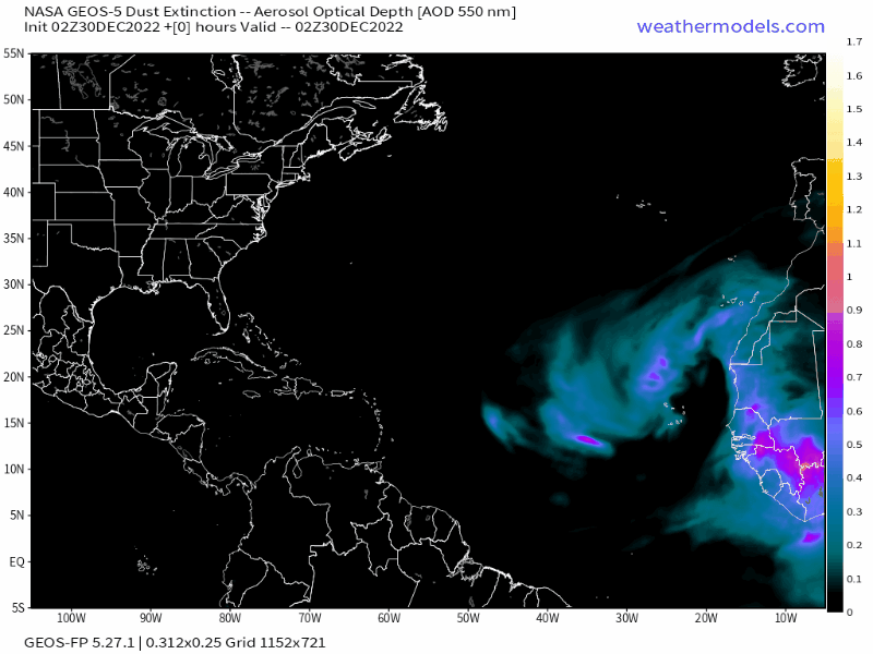 00Z Friday, December 30th, 2022, NASA GEOS-5 Dust Extinction Model Monitoring Tropical Atlantic Aerosol Optical Depth showing Saharan Dust.