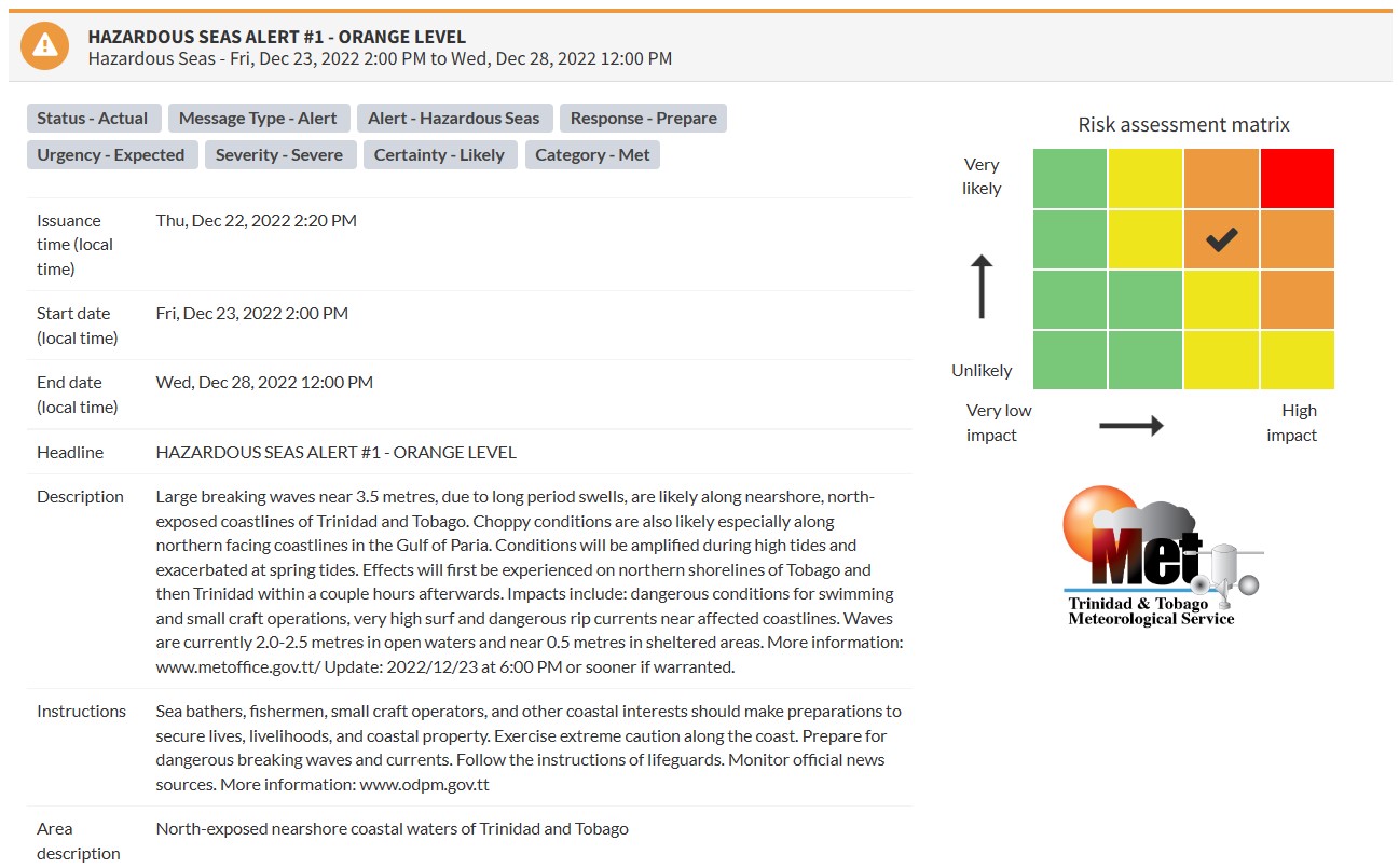 Hazardous Seas Alert information from the Trinidad and Tobago Meteorological Service