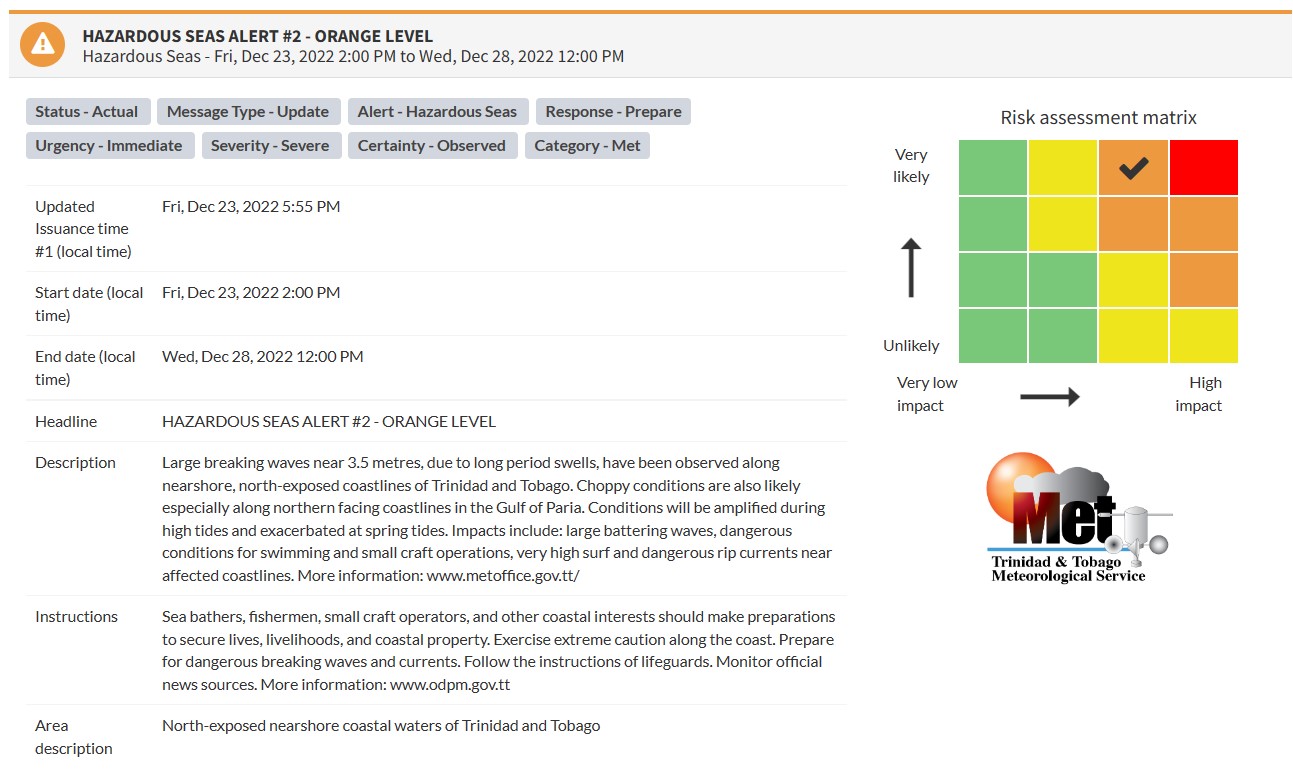 Hazardous Seas Alert information from the Trinidad and Tobago Meteorological Service