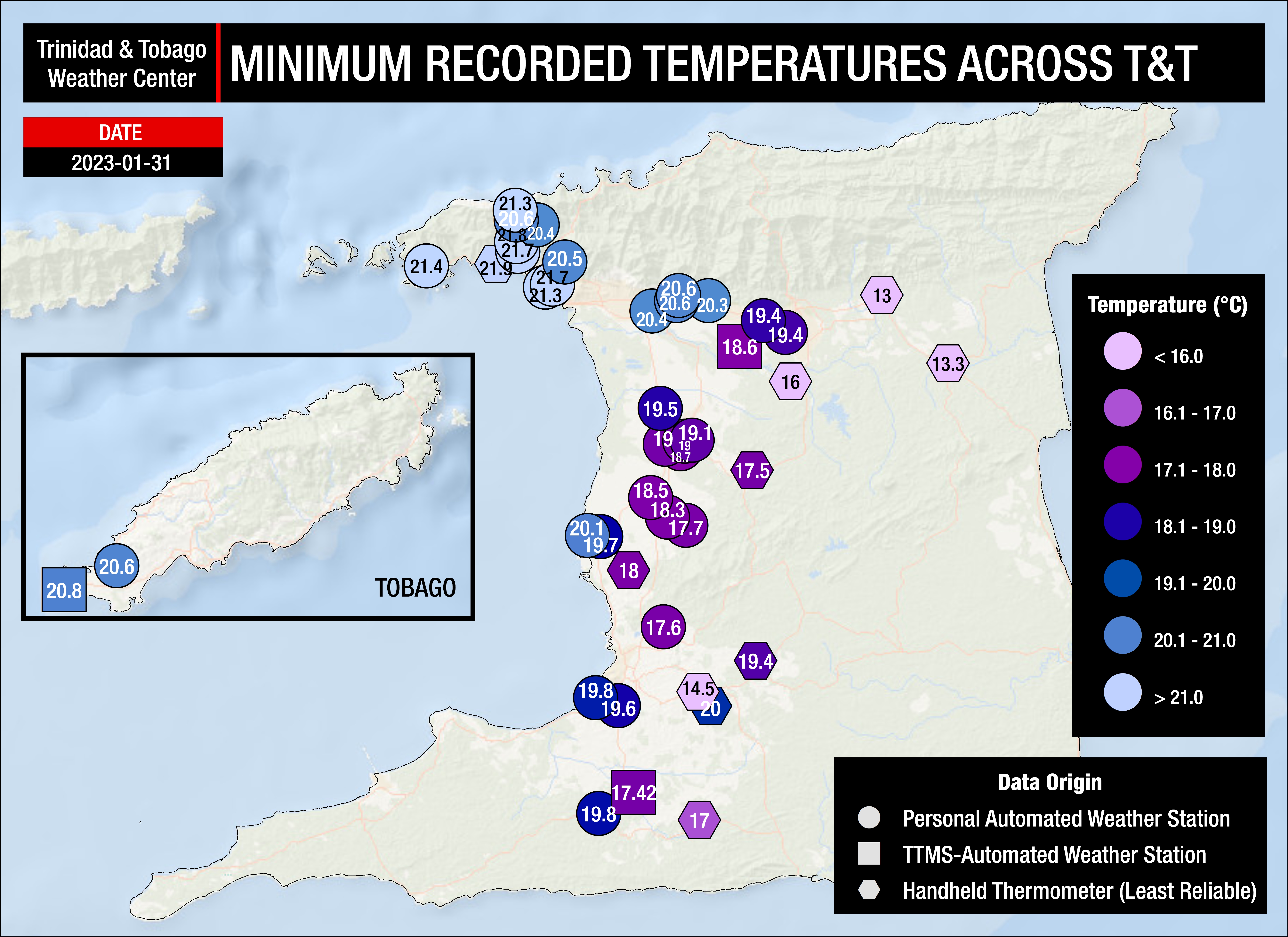 Minimum low temperatures on Tuesday, January 31st, 2023