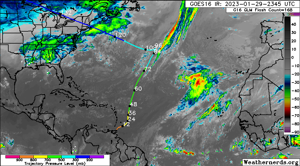 Back-trajectory of the air currently at low levels of the atmosphere across Trinidad and Tobago (Weathernerds)