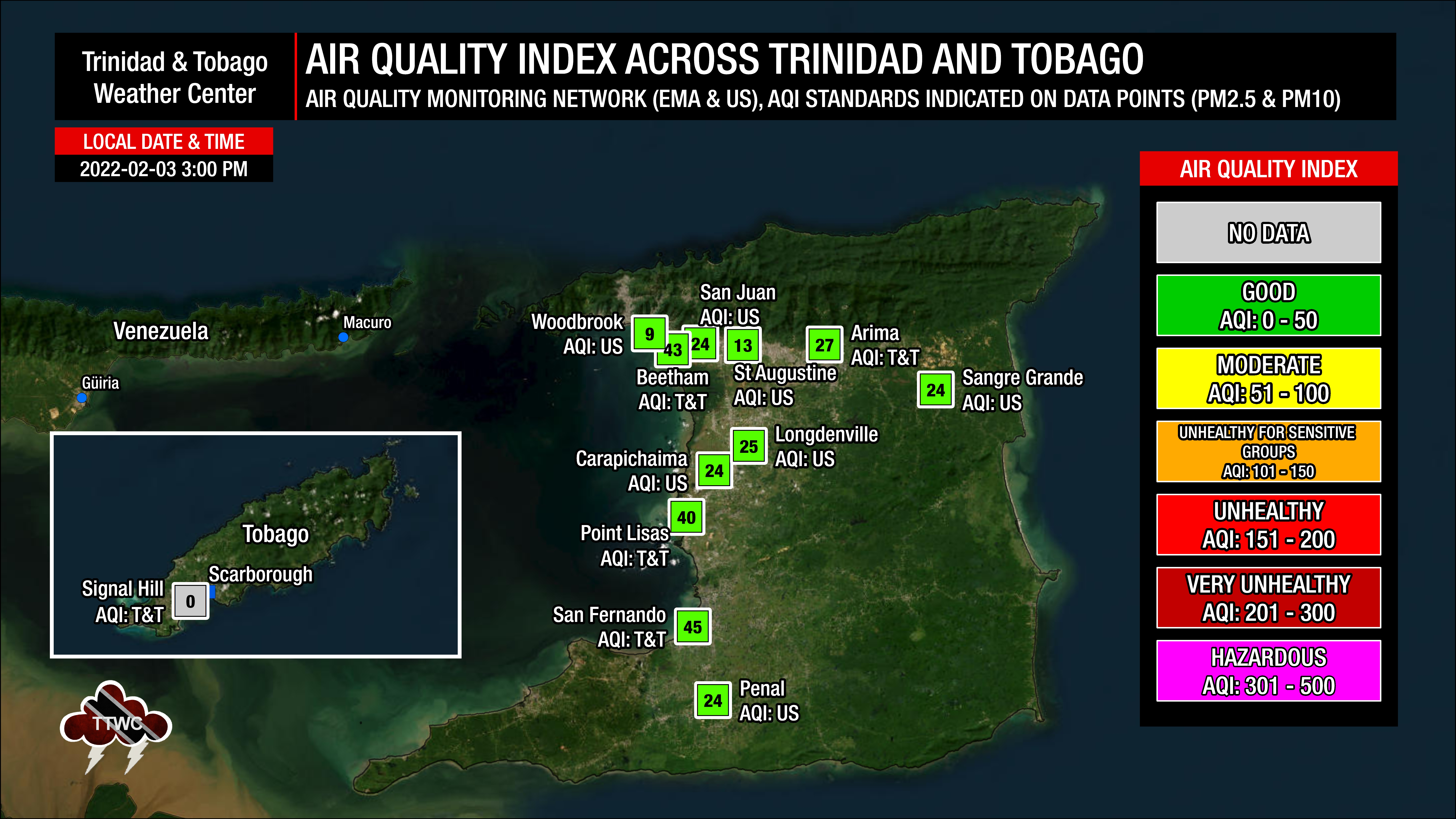 Current air quality levels across Trinidad and Tobago as of 3:00 PM Friday, February 3rd, 2023 from air quality monitors from the EMA and personal ambient air quality monitoring stations.