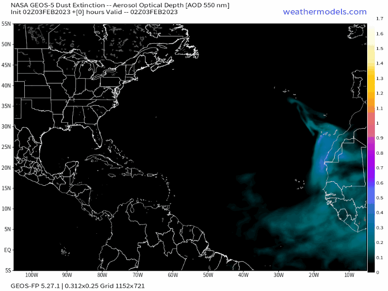 00Z Friday, February 3rd, 2023, NASA GEOS-5 Dust Extinction Model Monitoring Tropical Atlantic Aerosol Optical Depth showing Saharan Dust.
