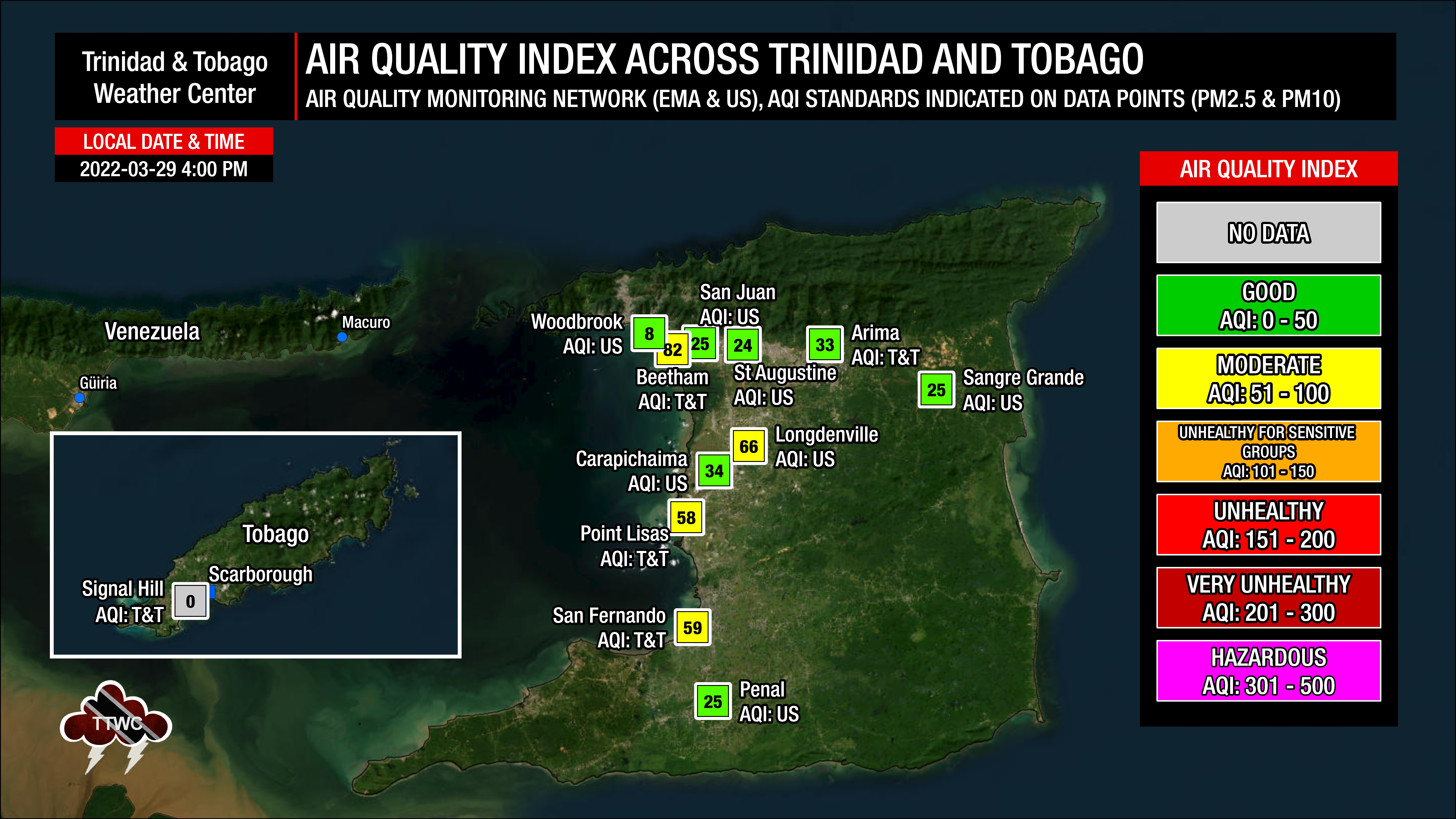 Current air quality levels across Trinidad and Tobago as of 4:00 PM Wednesday, March 29th, 2023, from air quality monitors from the EMA and personal ambient air quality monitoring stations.