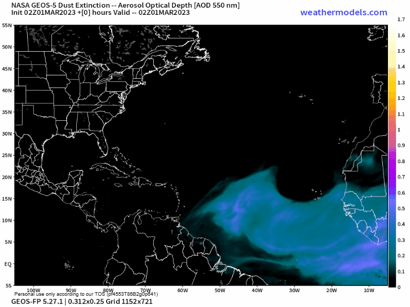 00Z Wednesday, March 1st, 2023, NASA GEOS-5 Dust Extinction Model Monitoring Tropical Atlantic Aerosol Optical Depth showing Saharan Dust.