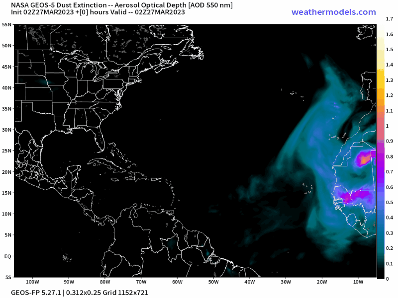 00Z Monday, March 27th, 2023, NASA GEOS-5 Dust Extinction Model Monitoring Tropical Atlantic Aerosol Optical Depth showing Saharan Dust.