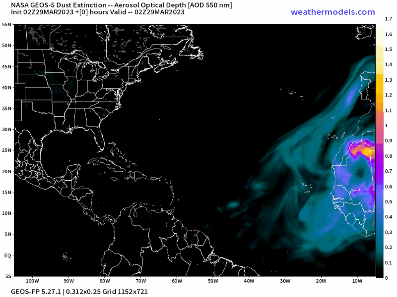 00Z Wedneday, March 29th, 2023, NASA GEOS-5 Dust Extinction Model Monitoring Tropical Atlantic Aerosol Optical Depth showing Saharan Dust.