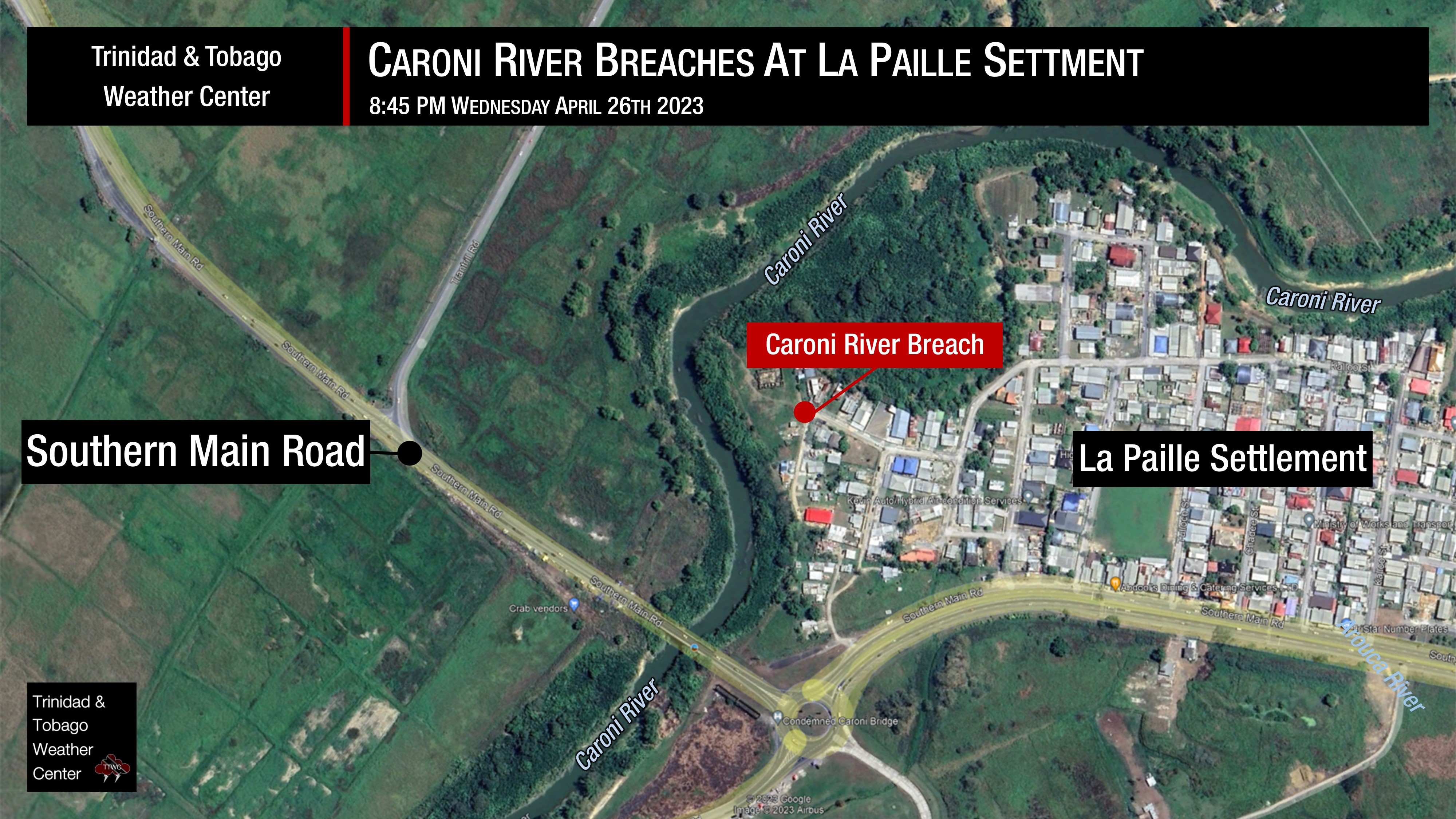 Map of the Caroni River breach at La Paille Settlement