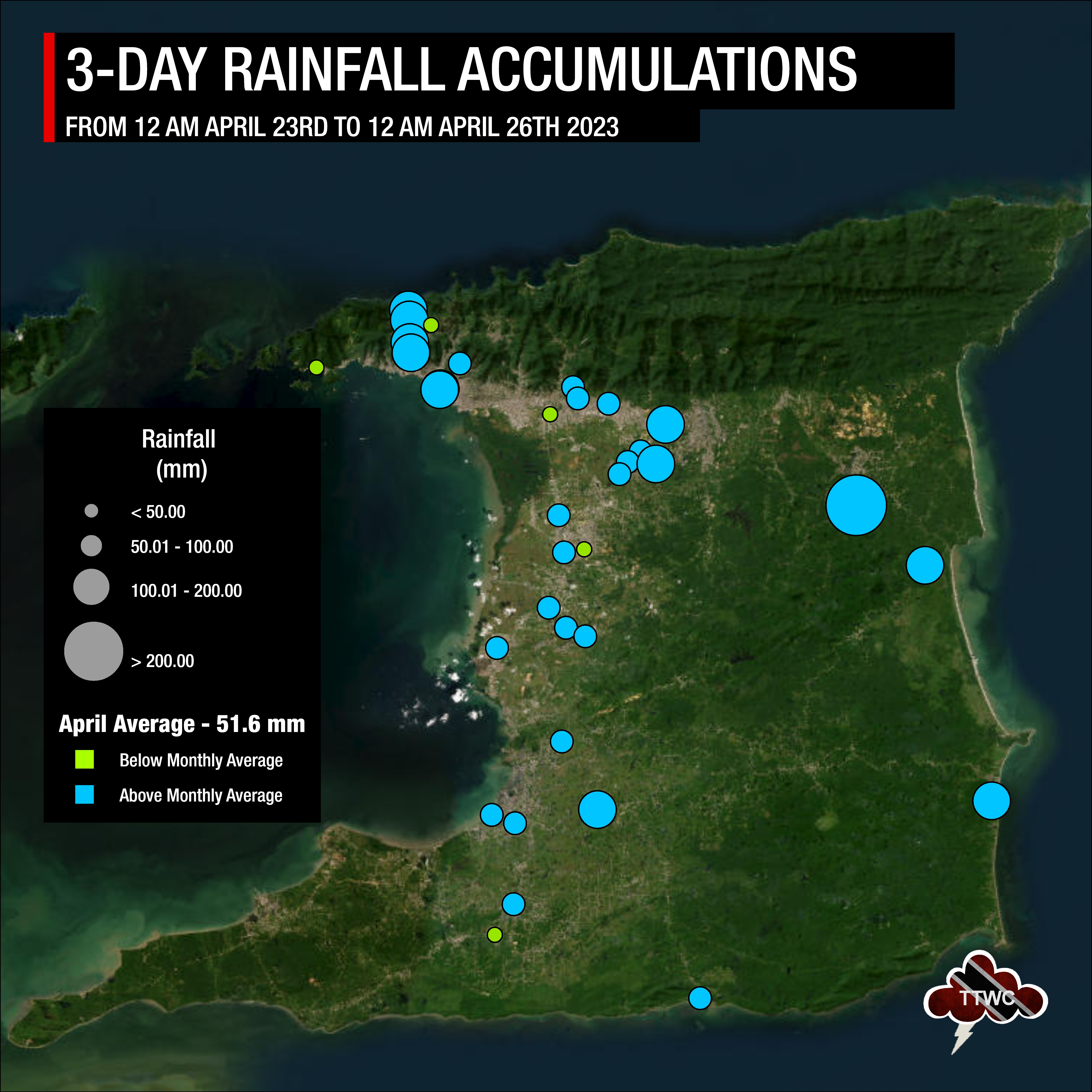 Map of rainfall over the last three days across Trinidad, showing nearly all stations recording rainfall that is above the monthly average for April.