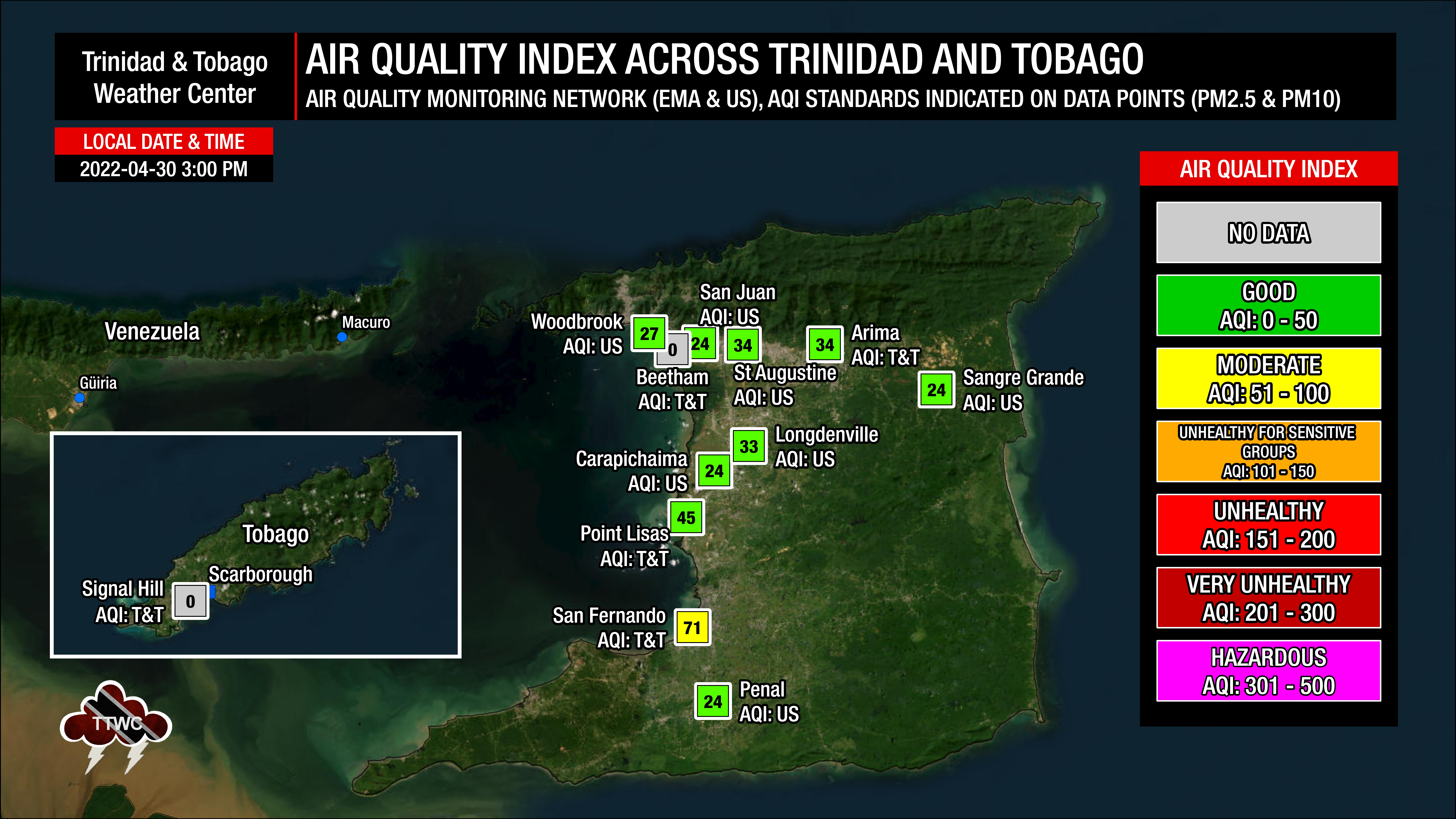 Current air quality levels across Trinidad and Tobago as of 3:00 PM Sunday, April 30th, 2023, from air quality monitors from the EMA and personal ambient air quality monitoring stations.