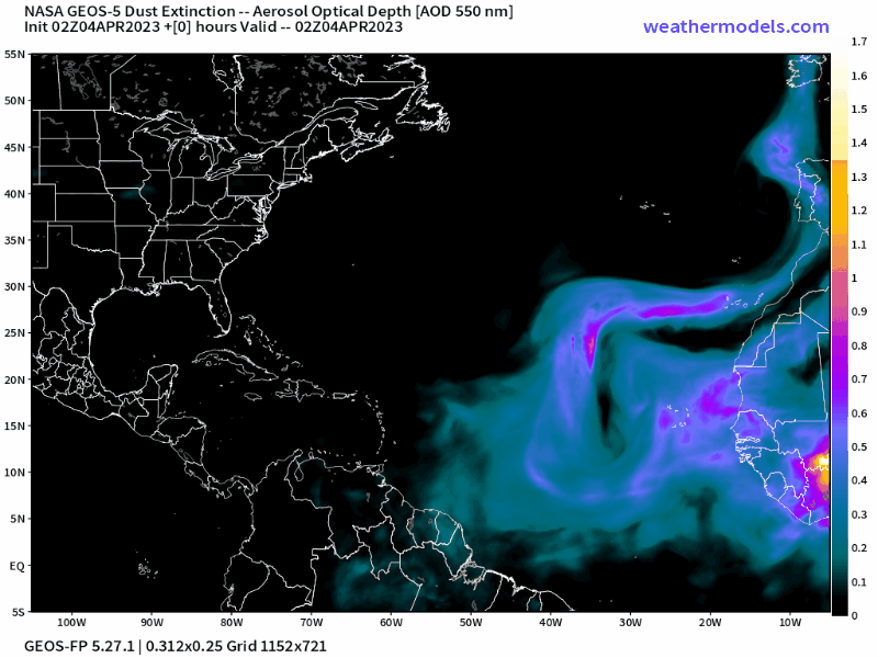 00Z Wednesday, April 5th, 2023, NASA GEOS-5 Dust Extinction Model Monitoring Tropical Atlantic Aerosol Optical Depth showing Saharan Dust.