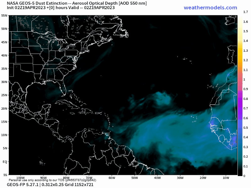 00Z Wednesday, April 19th, 2023, NASA GEOS-5 Dust Extinction Model Monitoring Tropical Atlantic Aerosol Optical Depth showing Saharan Dust.
