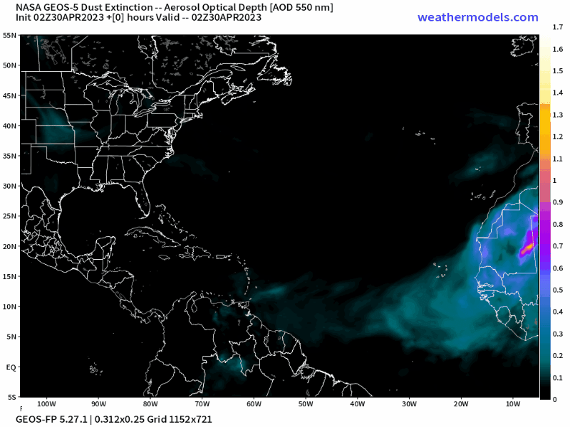 00Z Sunday, April 30th, 2023, NASA GEOS-5 Dust Extinction Model Monitoring Tropical Atlantic Aerosol Optical Depth showing Saharan Dust.