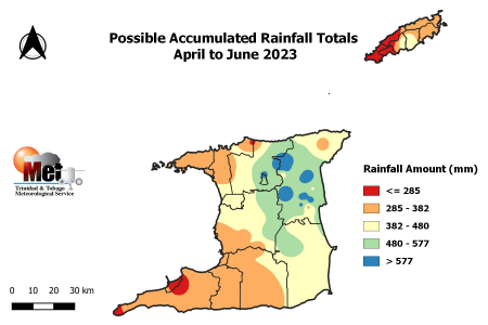 Outlook of possible rainfall accumulated totals for April to June, with the highest chance of occurring. (Trinidad and Tobago Meteorological Service)