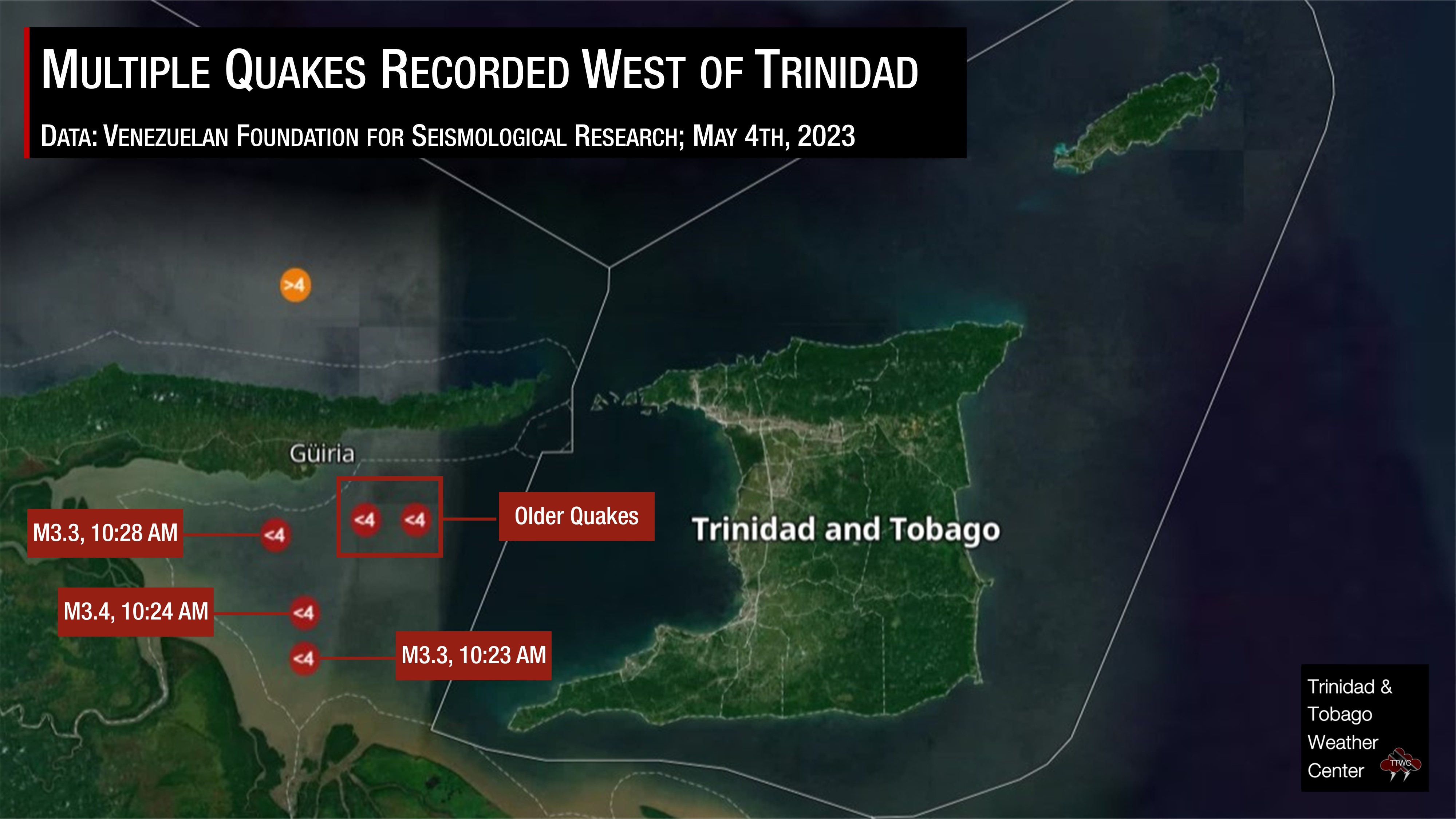 Data from the Venezuelan Foundation for Seismological Research shows they have recorded three minor quakes within the Gulf of Paria during the time the UWI SRC recorded a single quake on-land Trinidad. (Image: FUNVSIS/TTWC)