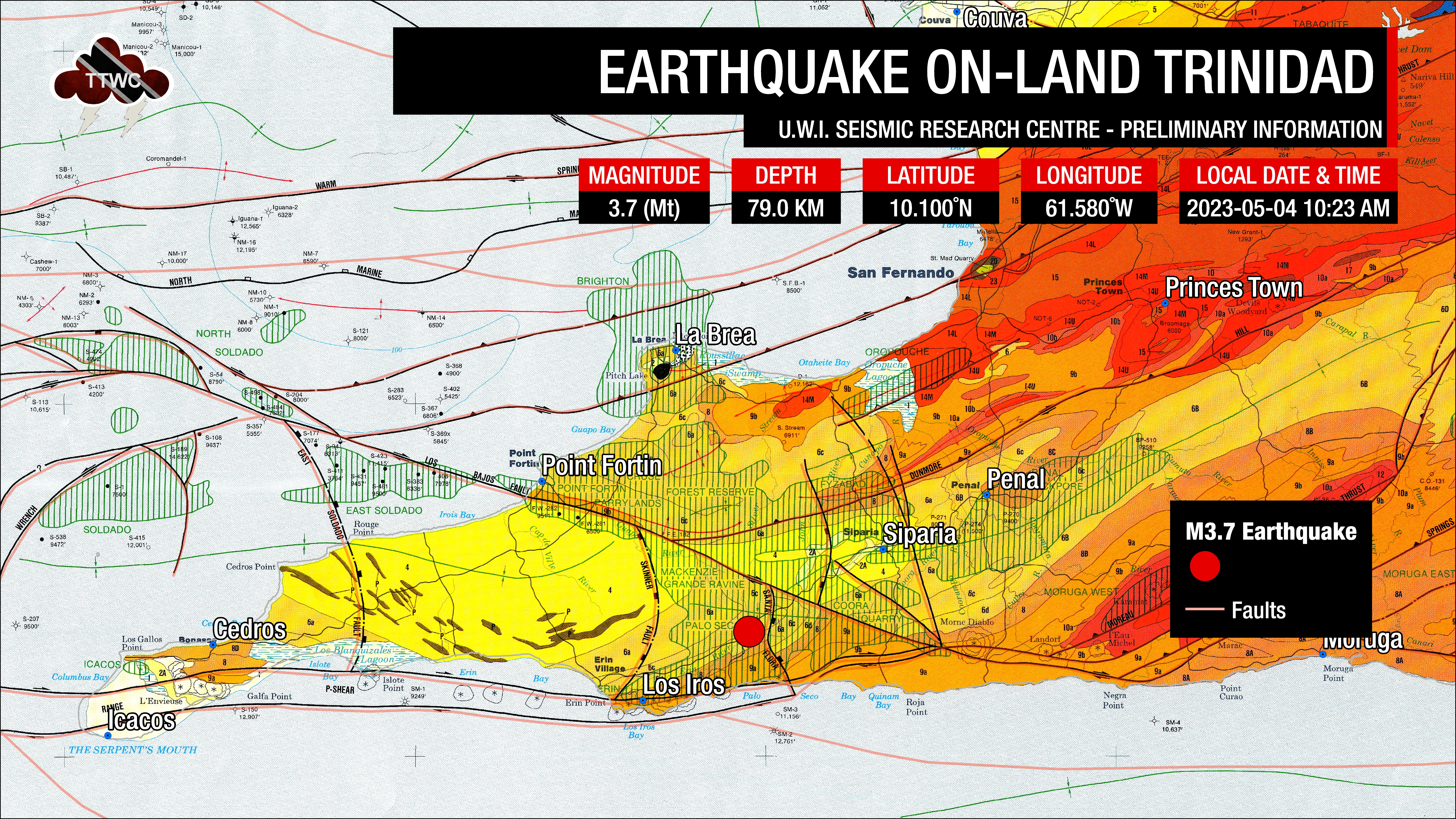 Location of Thursday morning's earthquake, along the Santa Flora Fault. Basemap: K.M. Persad (1984), H.G. Kugler (1959)