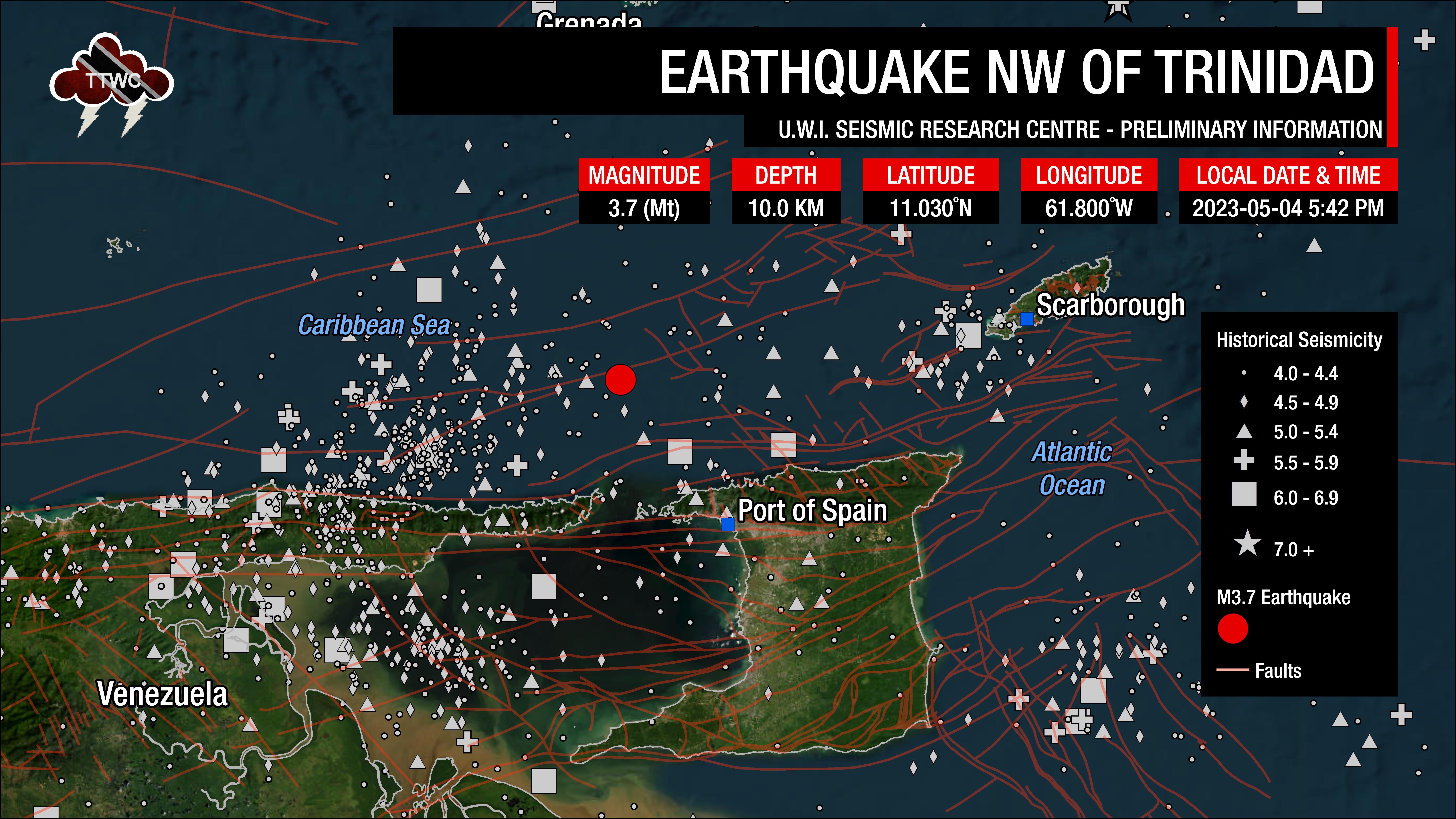 Information from the UWI SRC concerning the earthquake northwest of Trinidad.