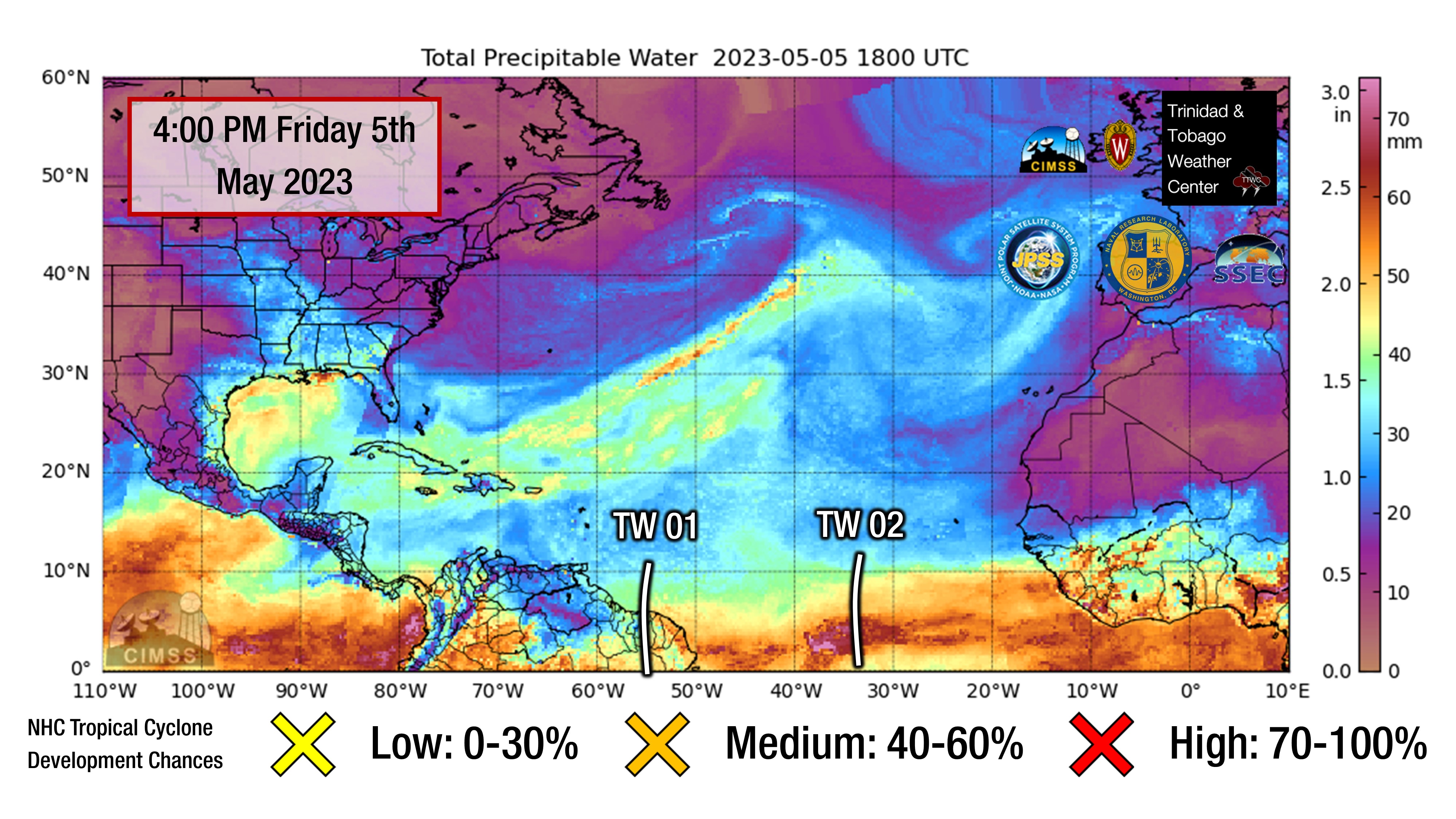 Locations of Tropical Wave 01 and Tropical Wave 02 on Friday, May 5th, 2023, in the Atlantic Ocean and their associated pulses in total precipitable water, a measure of atmospheric moisture. (CIMSS/SSEC/UWM)
