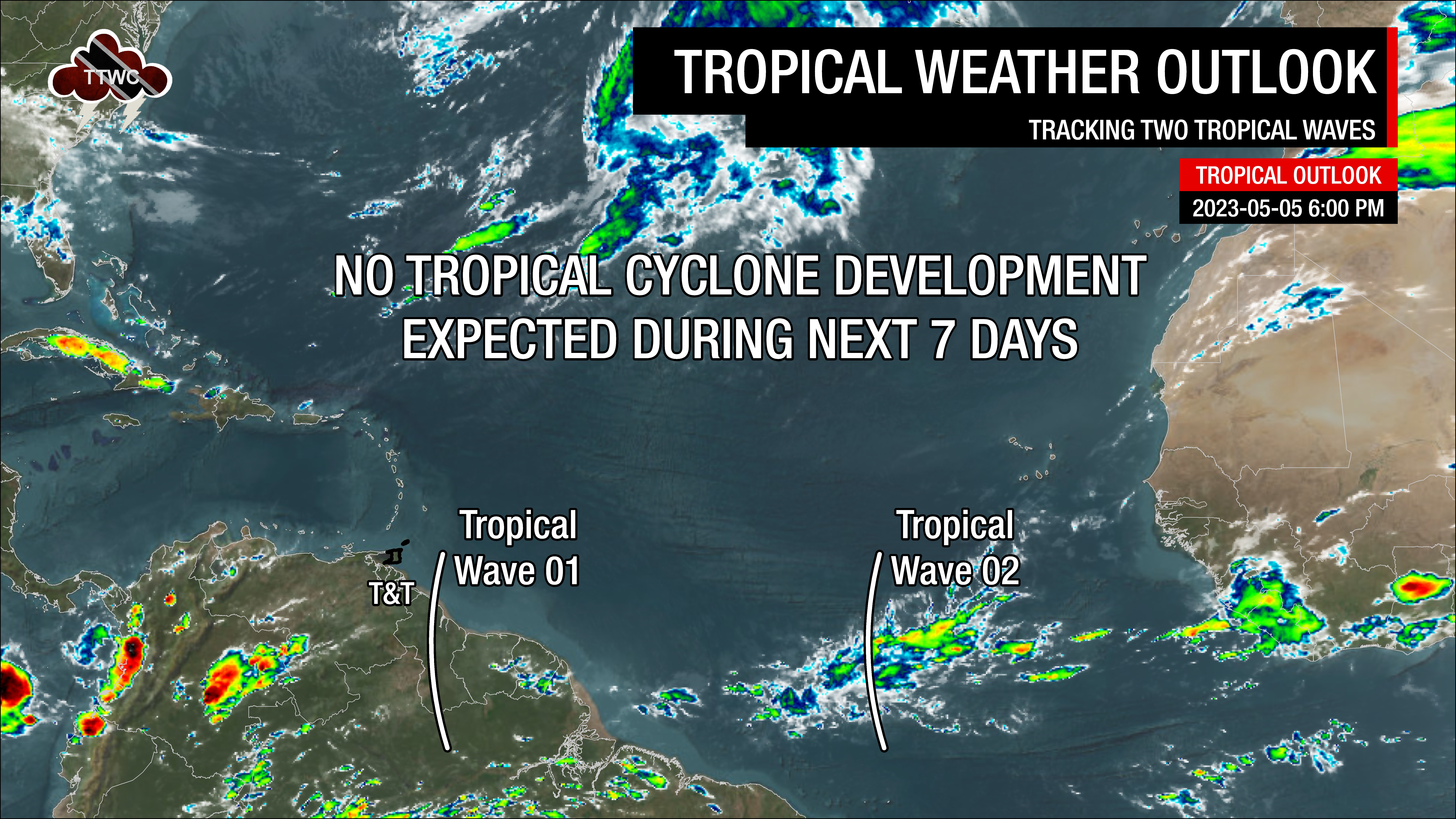Locations of Tropical Wave 01 and Tropical Wave 02 on Friday, May 5th, 2023, in the Atlantic Ocean.