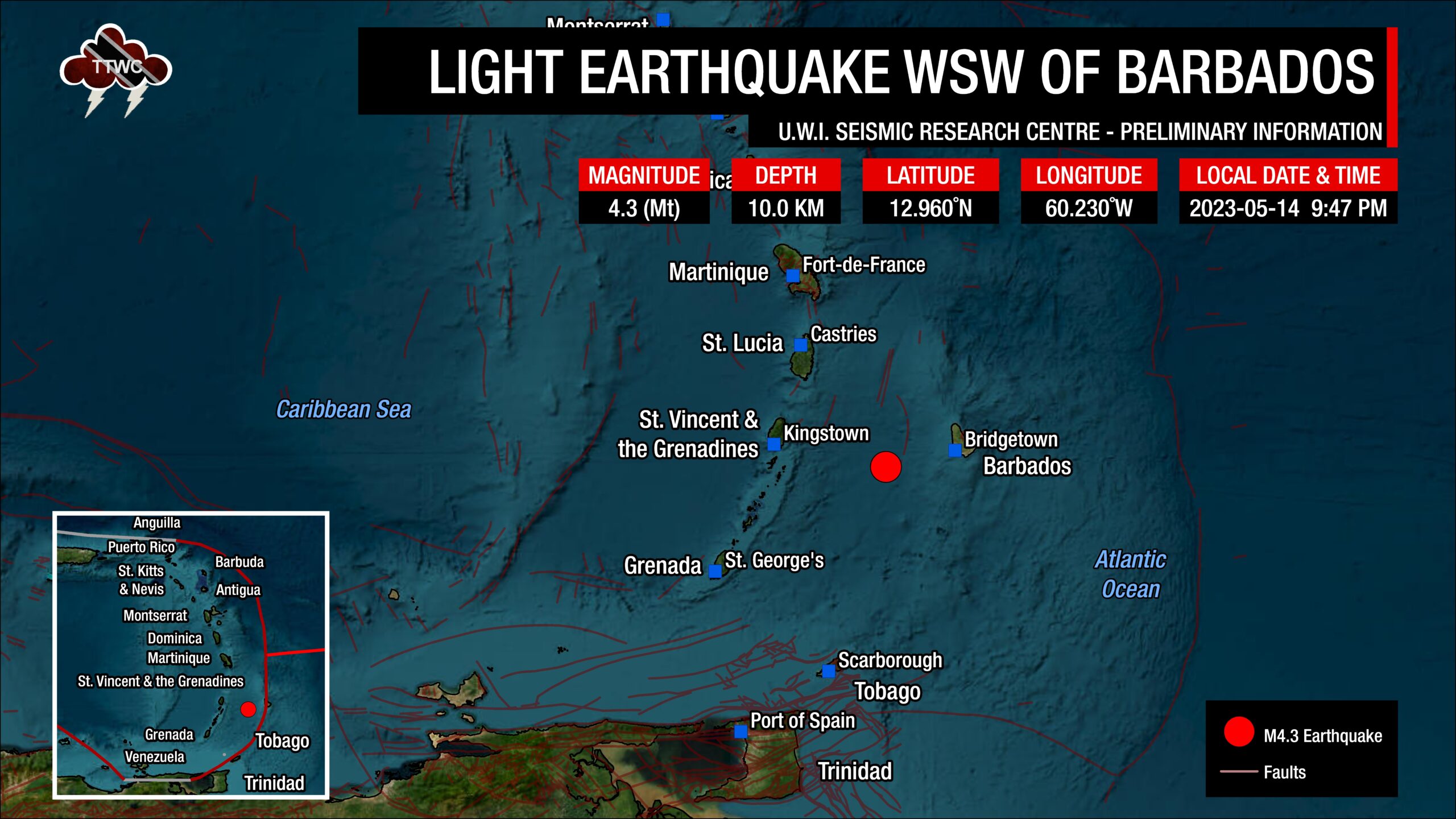 947 PM Light M4.3 Earthquake Strikes WSW of Barbados Trinidad and Tobago Weather Center