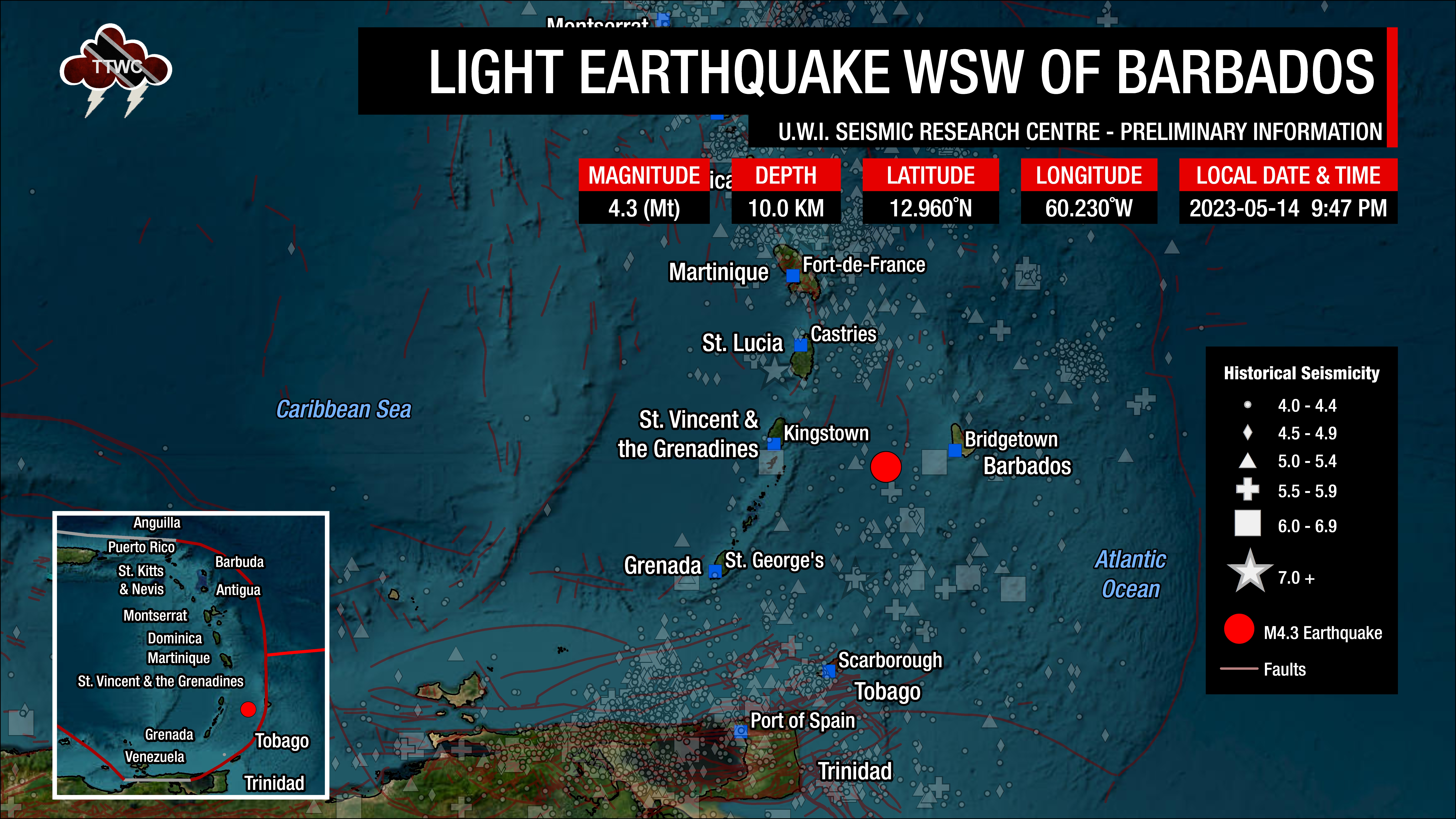 Information from the UWI SRC concerning the earthquake west-southwest of Barbados.