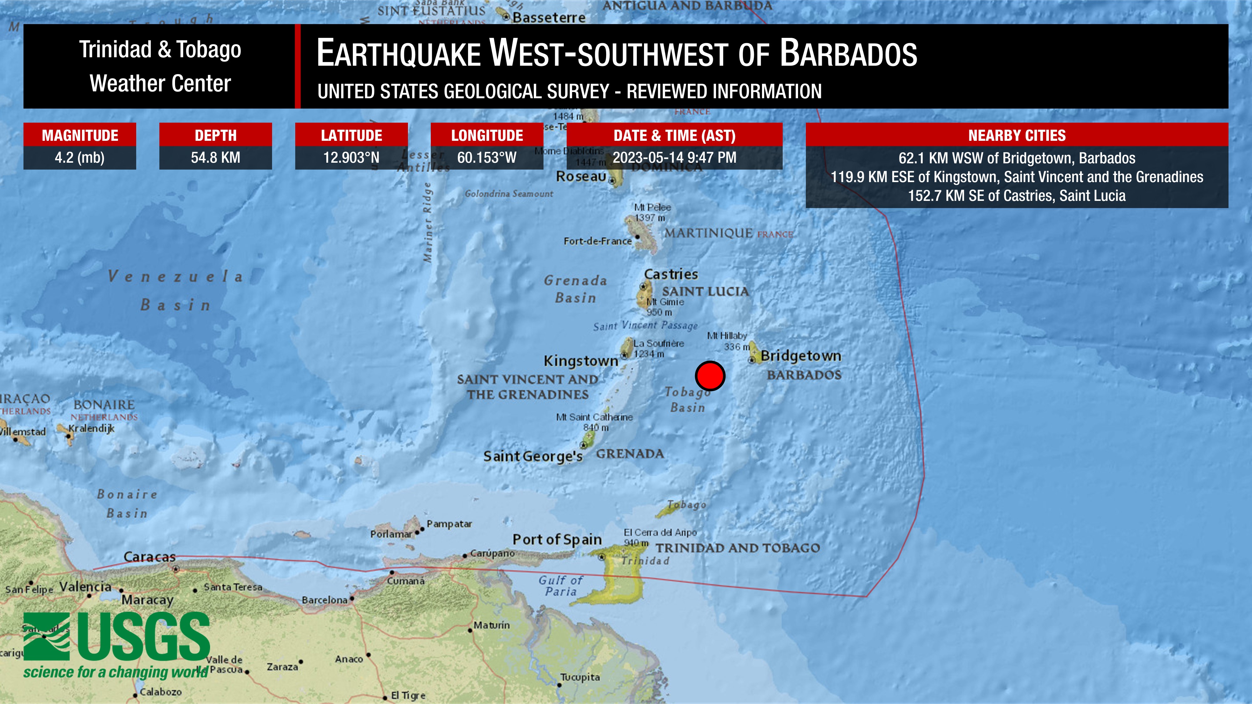 Information from the USGS on the earthquake west-southwest of Barbados.