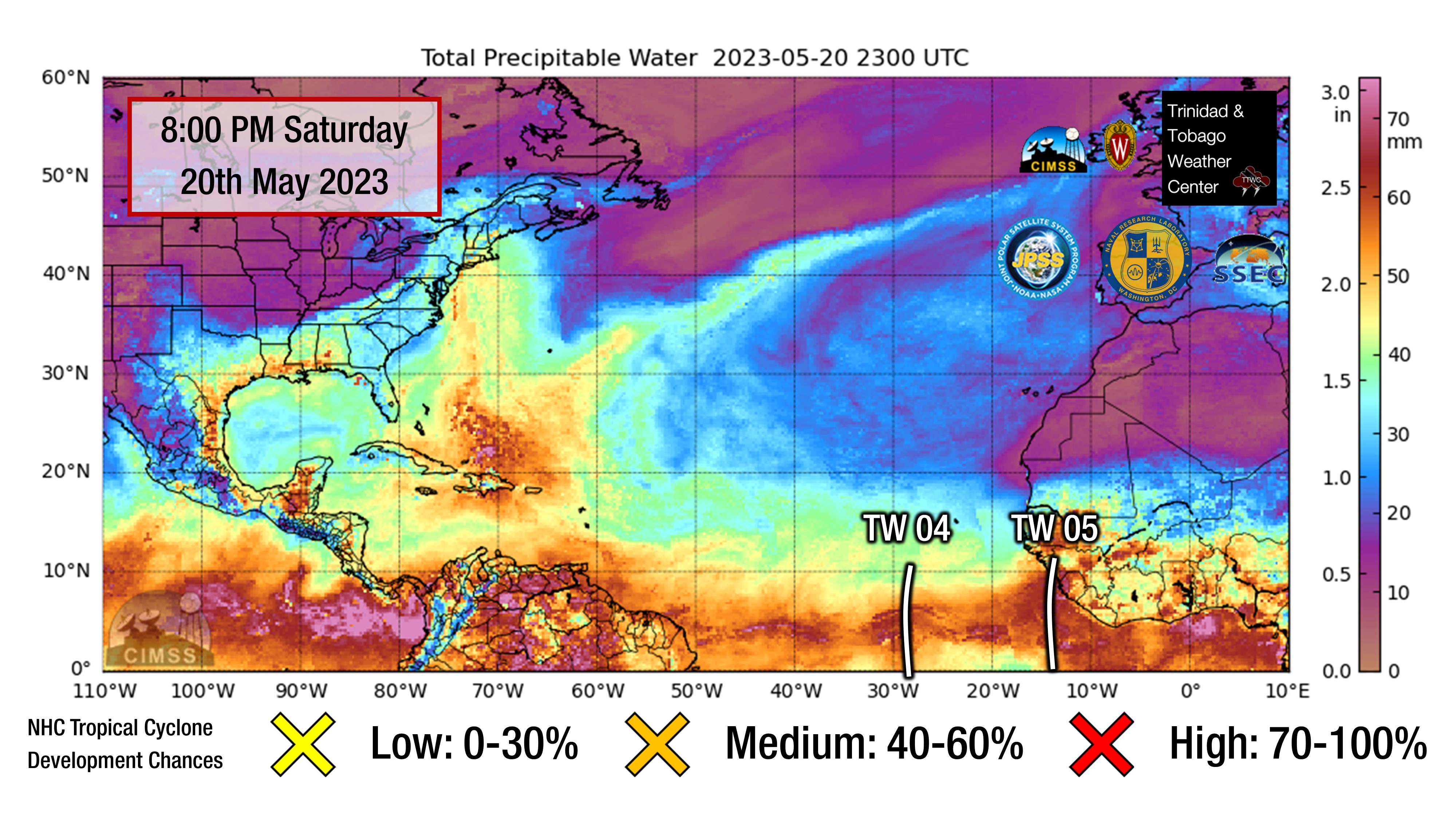 Locations of Tropical Wave 04 and Tropical Wave 05 on Saturday, 20th, 2023, in the Atlantic Ocean and their associated pulses in total precipitable water, a measure of atmospheric moisture. (CIMSS/SSEC/UWM)