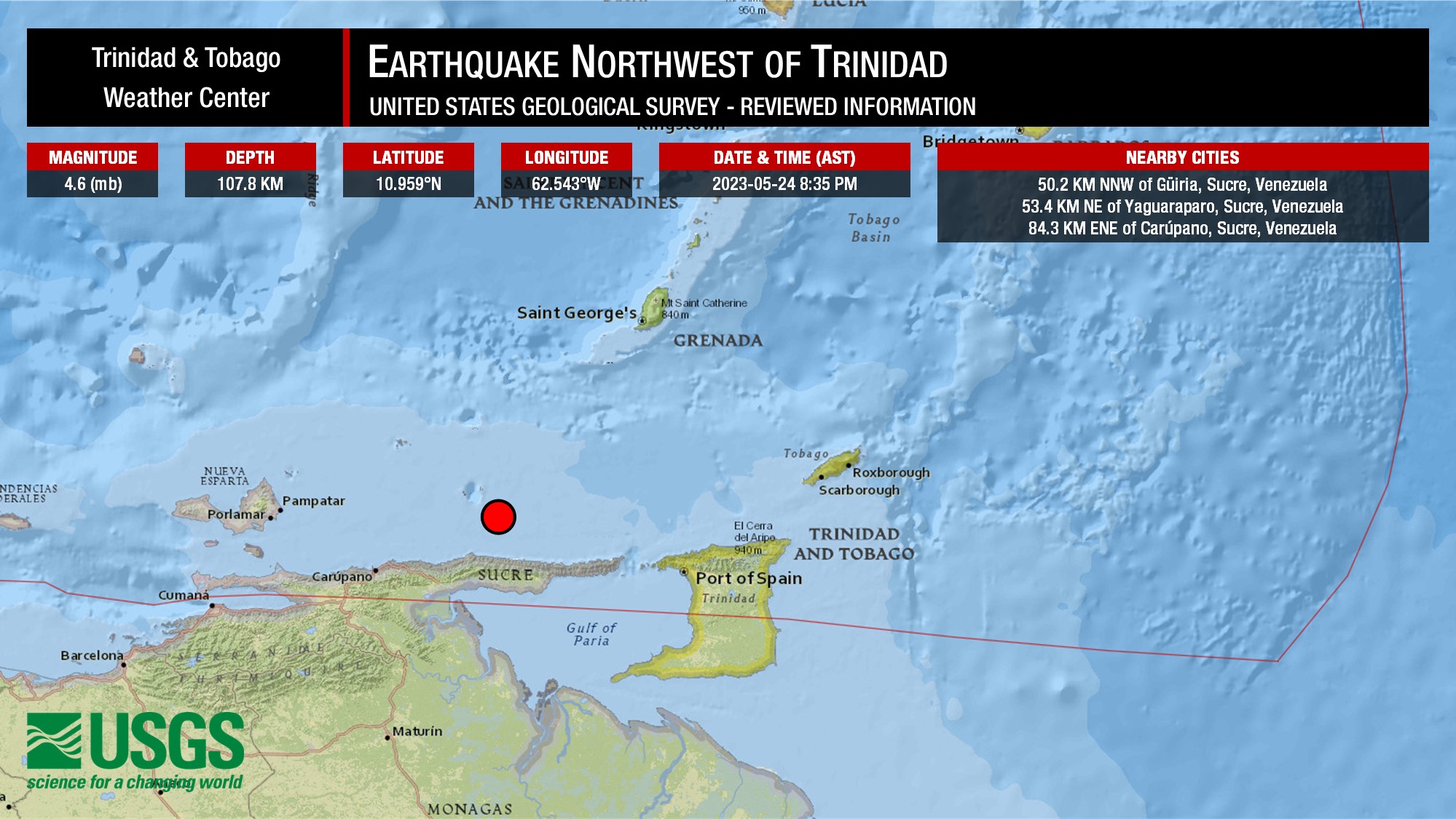 Information from the United States Geological Survey concerning the earthquake northwest of Trinidad.