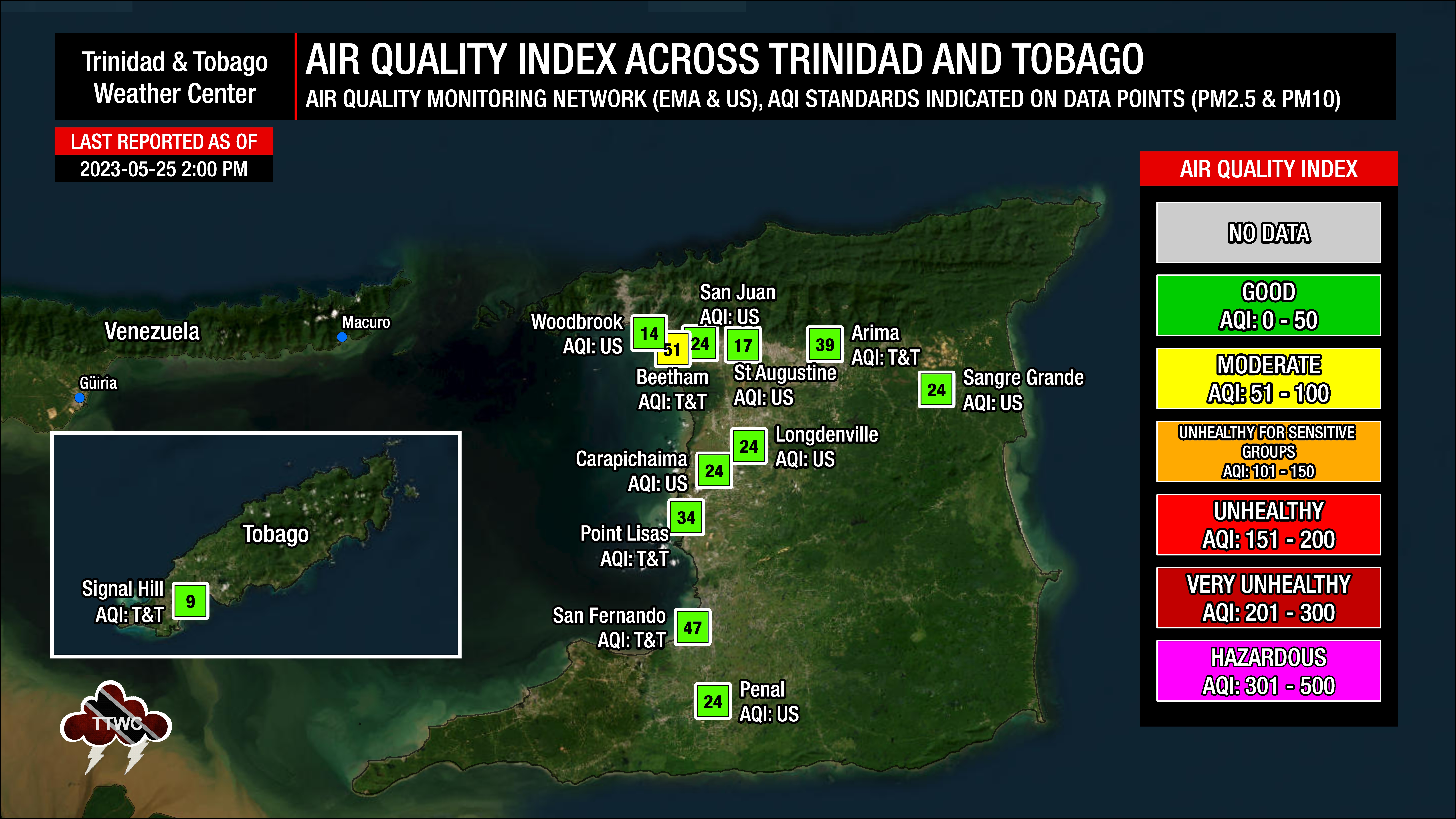 Current air quality levels across Trinidad and Tobago as of 2:00 PM Thursday, May 25th, 2023, from air quality monitors from the EMA and personal ambient air quality monitoring stations.
