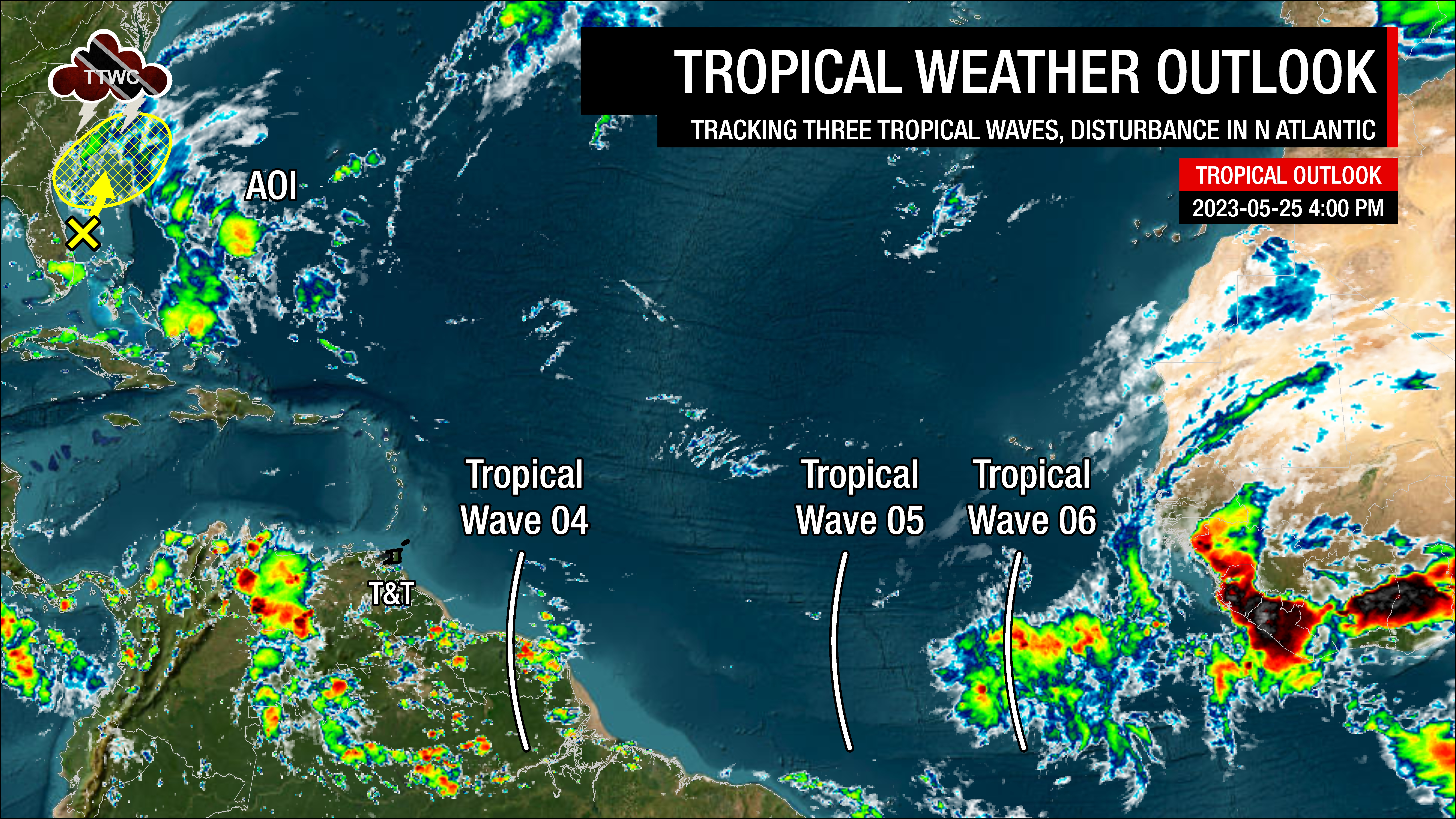 Locations of Tropical Wave 04, Tropical Wave 05, and Tropical Wave 06 on Thursday, May 25th, 2023, in the Atlantic Ocean.