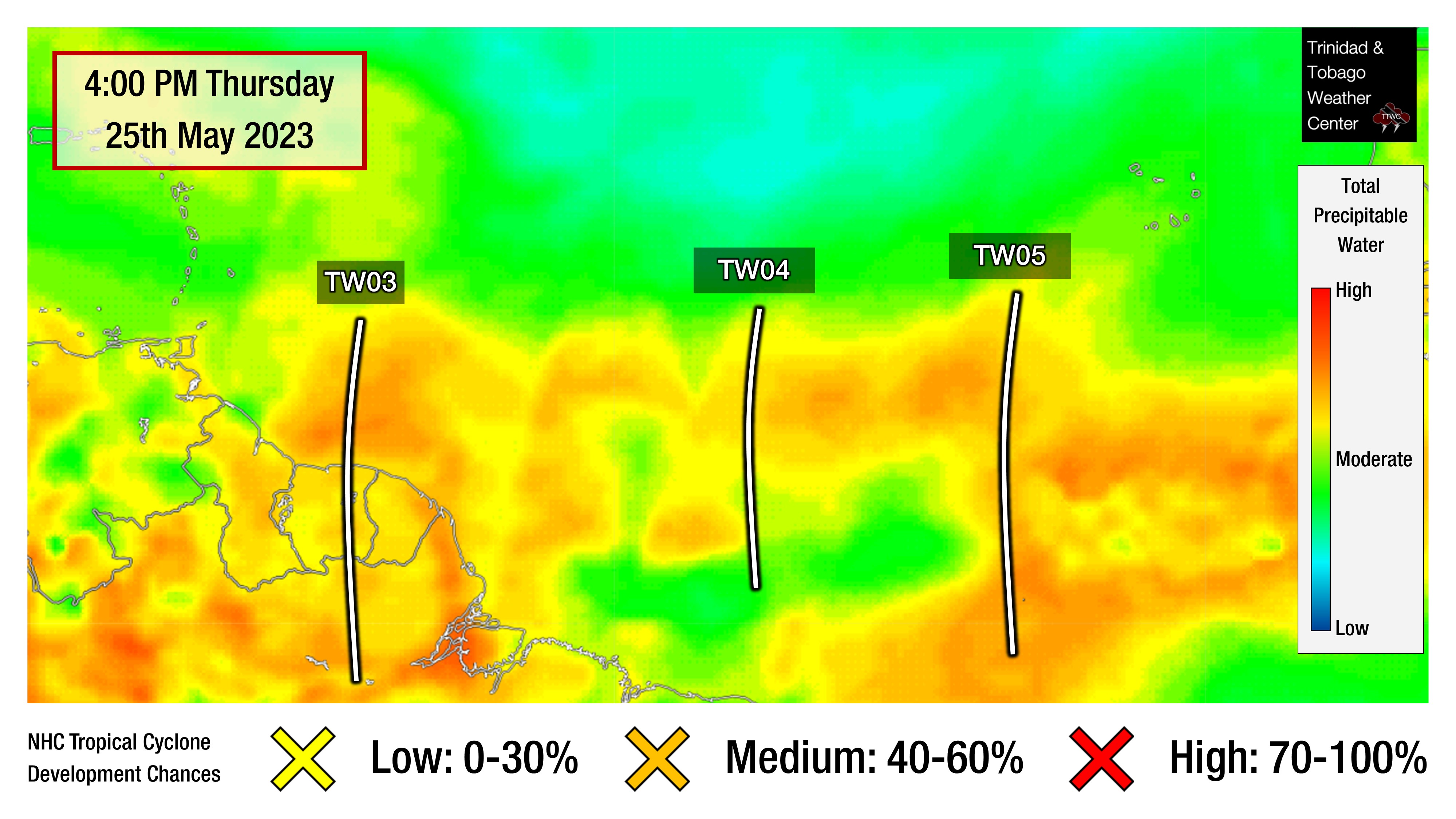 Locations of Tropical Wave 04, Tropical Wave 05, and Tropical Wave 06 on Thursday, May 25th, 2023, in the Atlantic Ocean visualized by Blended Total Precipitable Water GPS Imagery. (CIMSS/SSEC/UWM)