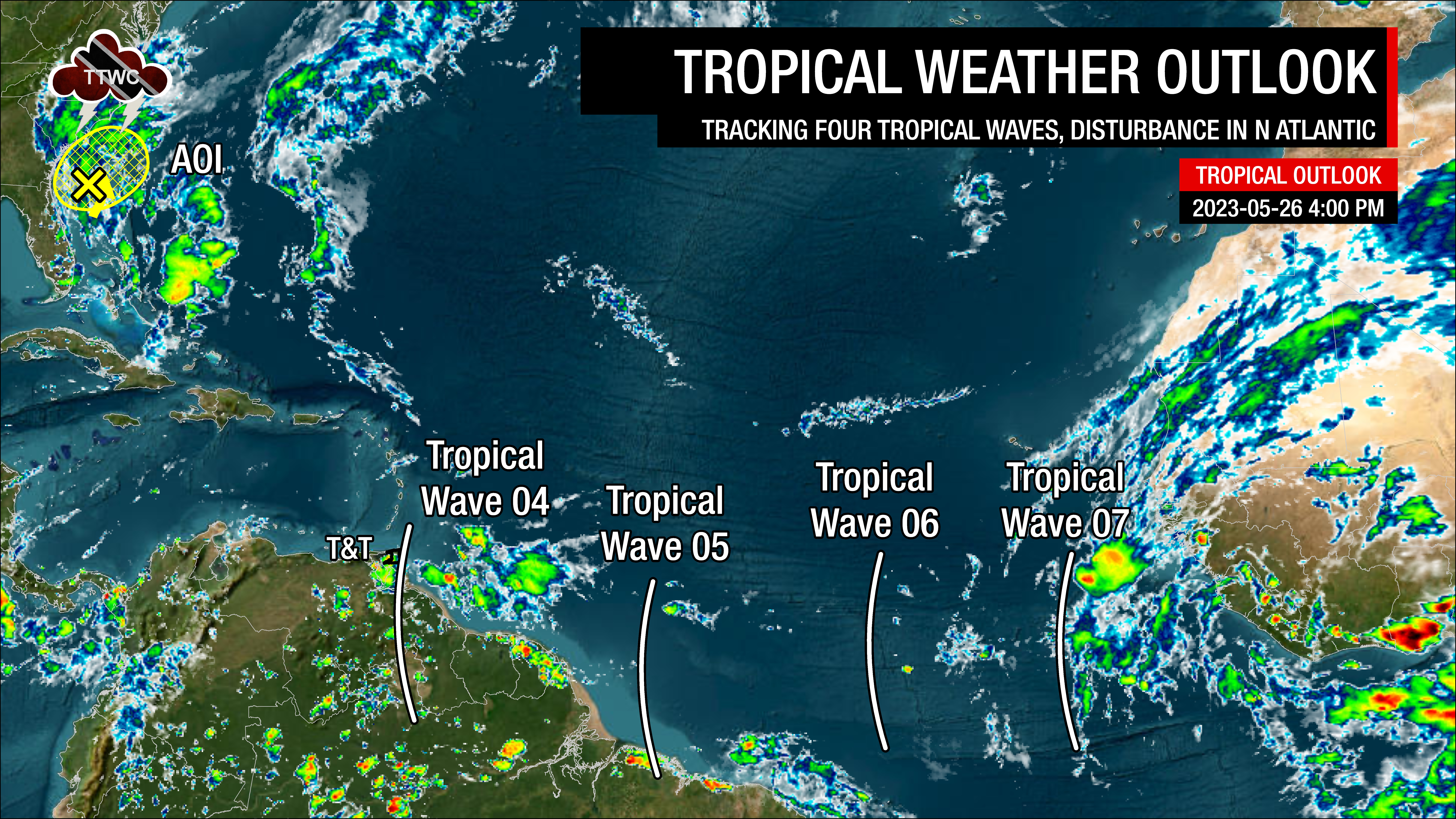 Locations of Tropical Wave 04, Tropical Wave 05, Tropical Wave 06, and Tropical Wave 07 on Friday, May 26th, 2023, in the Atlantic Ocean.