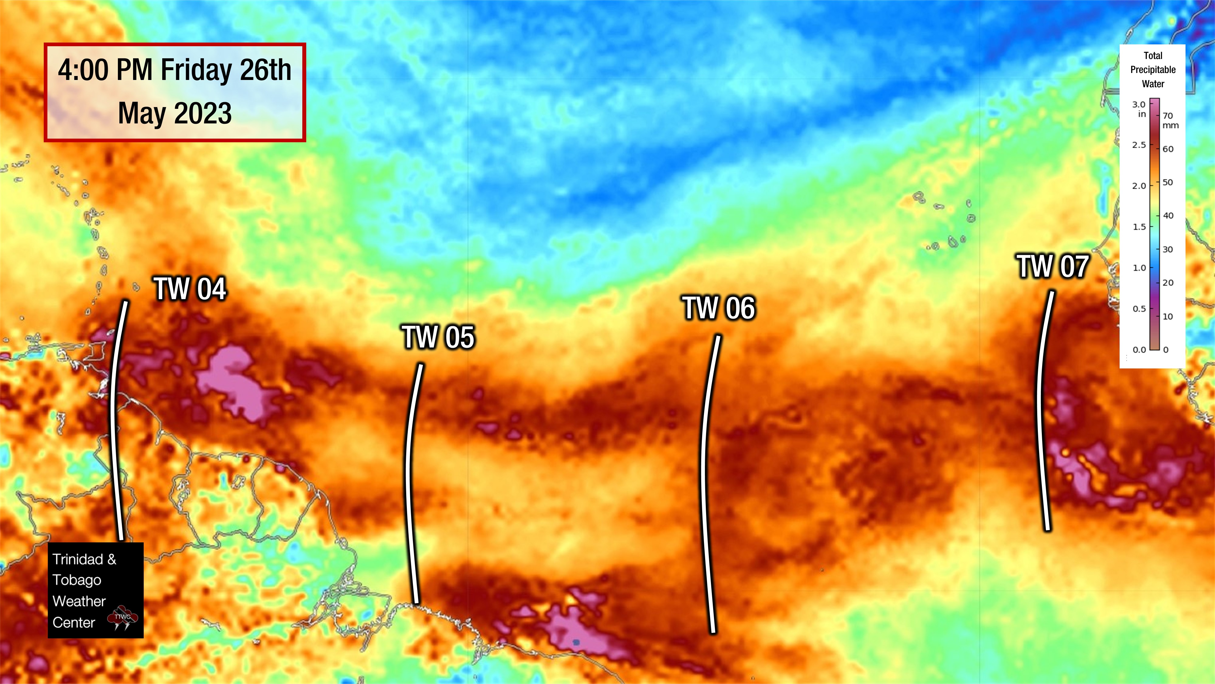 Locations of Tropical Wave 04, Tropical Wave 05, Tropical Wave 06, and Tropical Wave 07 on Friday, May 27th, 2023, in the Atlantic Ocean, visualized by Morphed Integrated Microwave Imagery at CIMSS showing total precipitable water, a measure of atmospheric moisture. (CIMSS/SSEC/UWM)