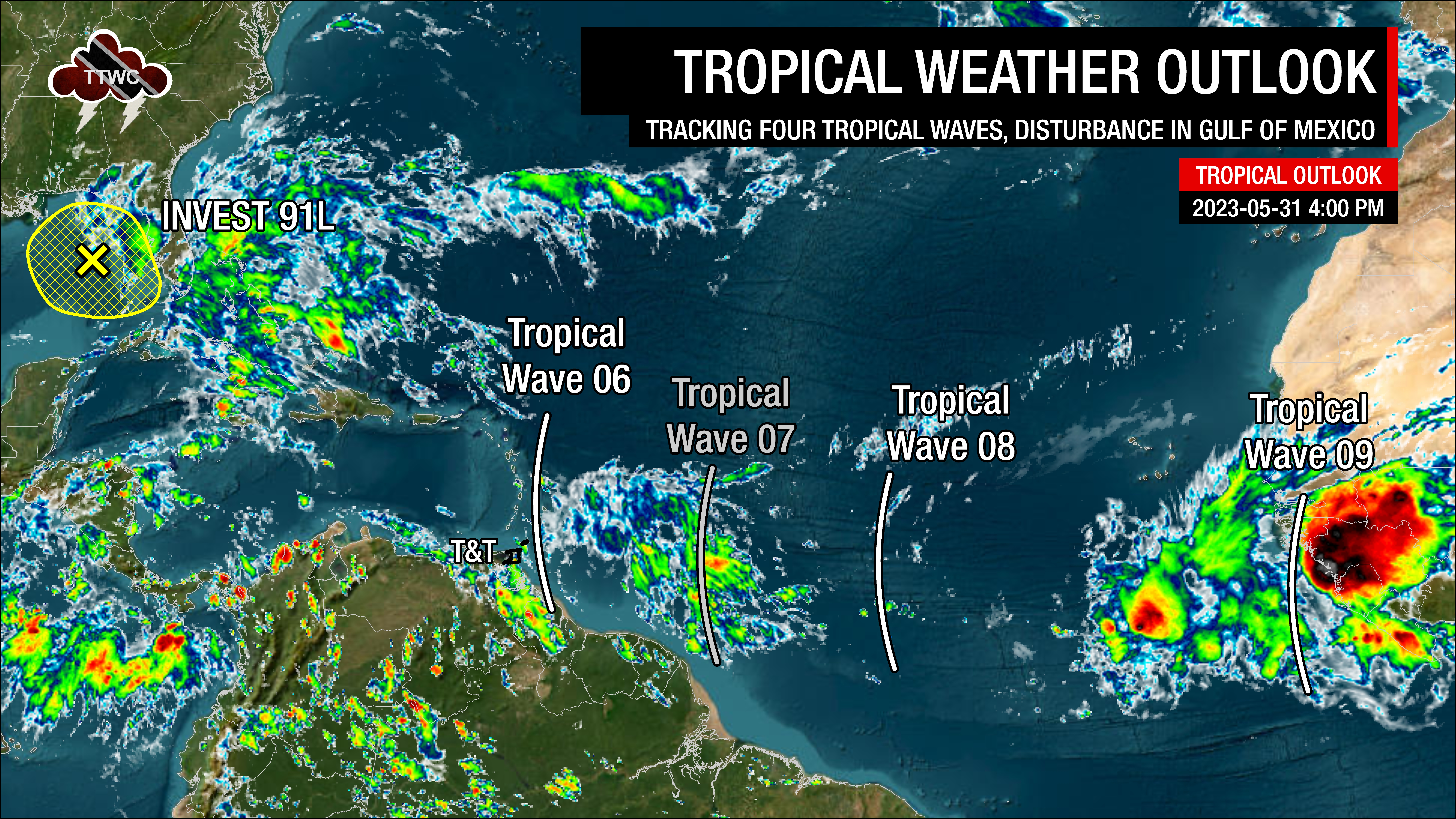 Locations of Tropical Wave 06, Tropical Wave 07, Tropical Wave 08, and Tropical Wave 09 on Wednesday, May 31st, 2023, in the Atlantic Ocean.