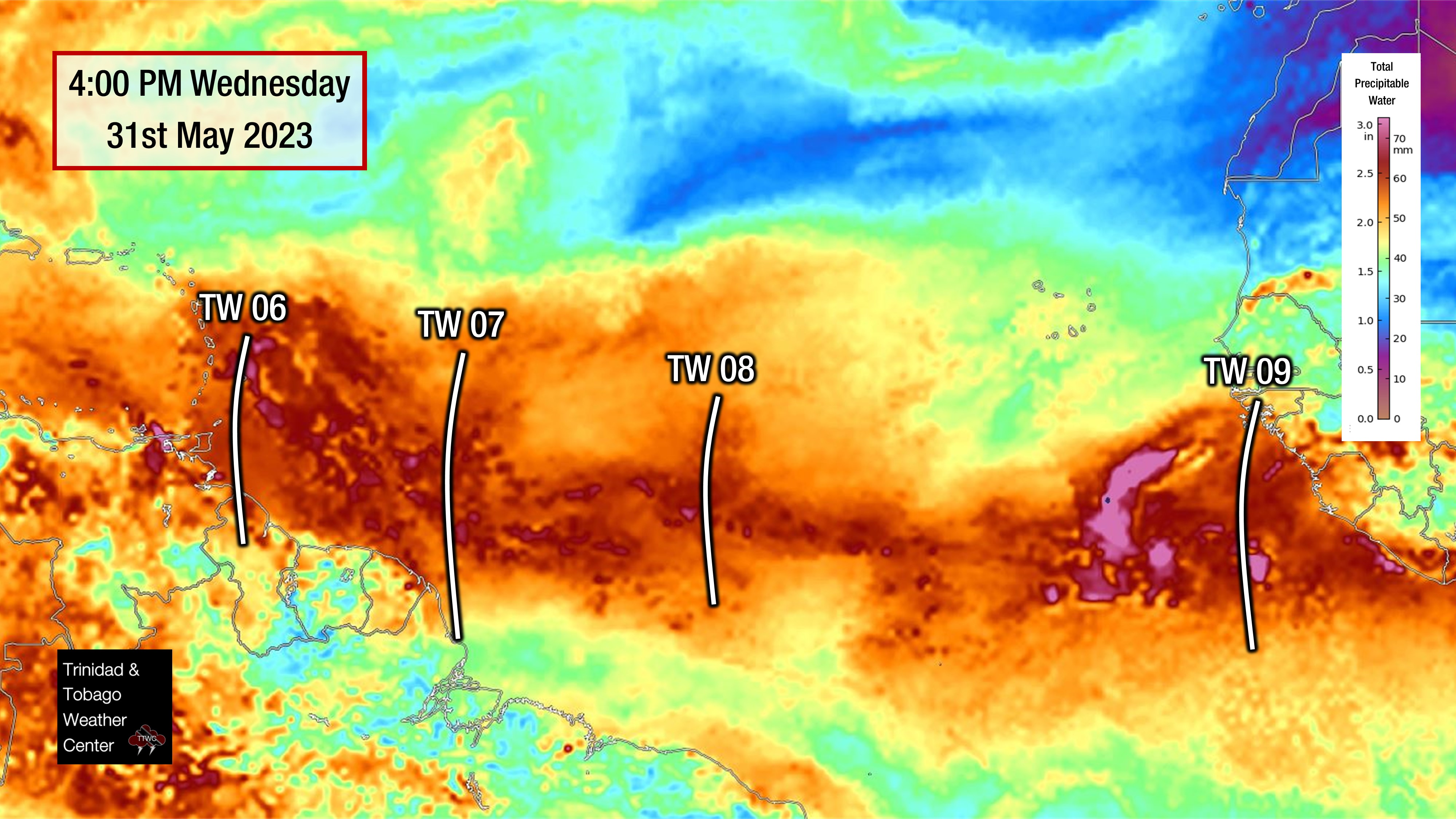 Locations of Tropical Wave 06, Tropical Wave 07, Tropical Wave 08, and Tropical Wave 09 on Wednesday, May 31st, 2023,, in the Atlantic Ocean, visualized by Morphed Integrated Microwave Imagery at CIMSS showing total precipitable water, a measure of atmospheric moisture. (CIMSS/SSEC/UWM)