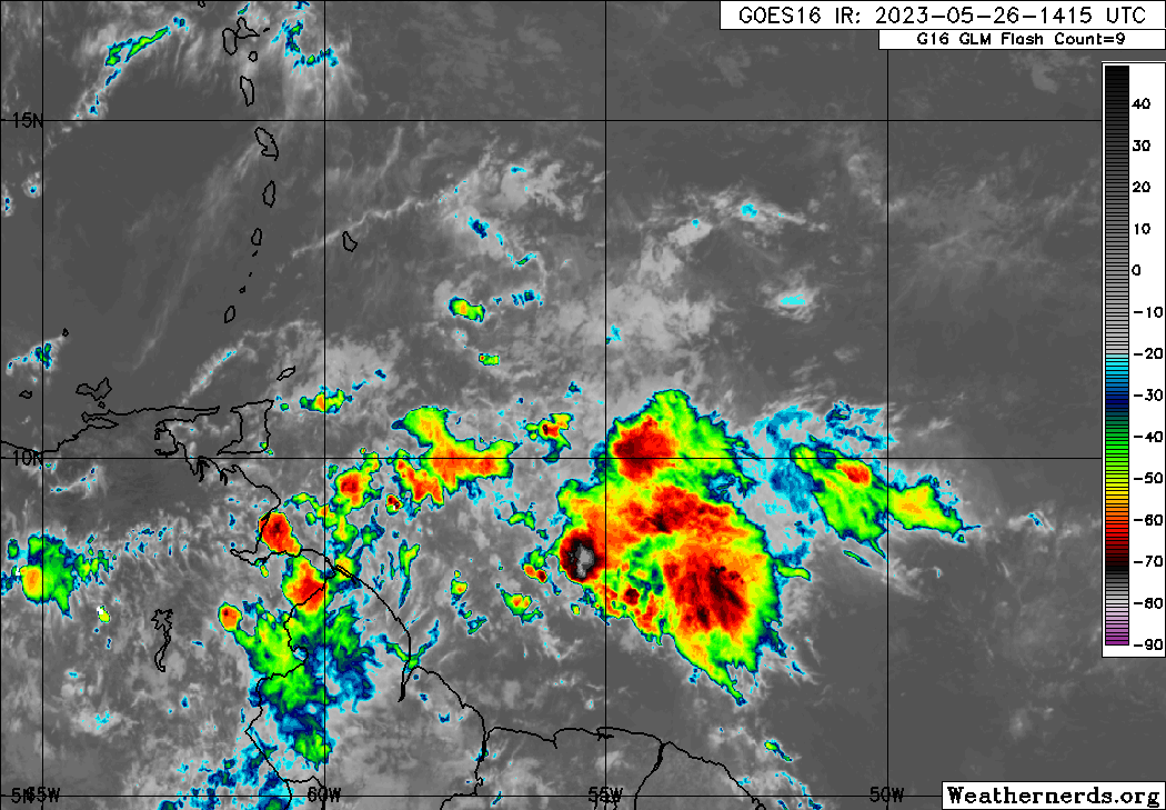 The axis of Tropical Wave 04 along 60W and Tropical Wave 05 along 48W on Friday, May 26th, 2023, with scattered moderate to isolated strong convection between both waves, east of Trinidad and Tobago. (Weathernerds.org)