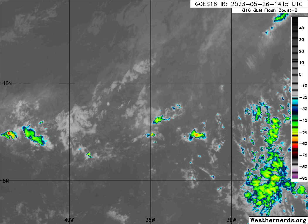 The axis of Tropical Wave 06 along 38W on Friday, May 26th, 2023, with little to no convection in the open Atlantic Ocean. (Weathernerds.org)