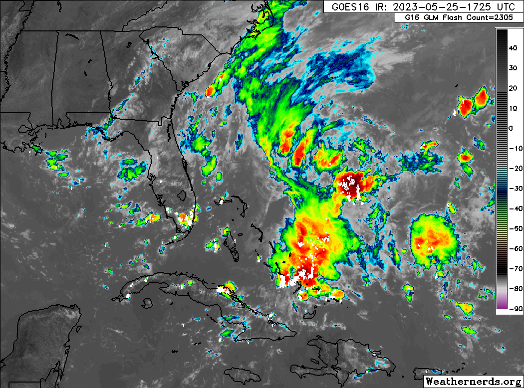Scattered showers and thunderstorms associated with a frontal system and trough of low pressure off the southeastern United States' coast on Thursday, May 25th, 2023. (Weathernerds.org)