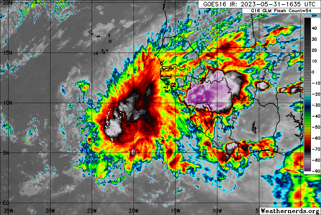 The axis of Tropical Wave 09 along 13W on Wednesday, May 31st, 2023, with scattered moderate to strong convection, both ahead and following the wave axis with stronger convection still onshore western Africa. (Weathernerds.org)