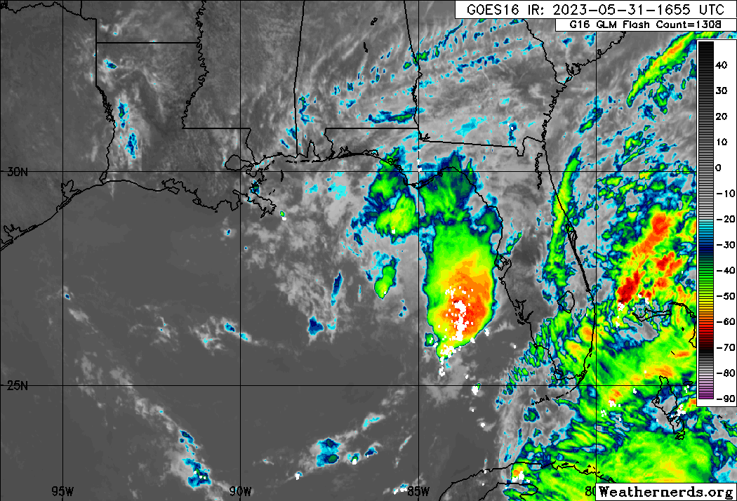 Scattered showers and thunderstorms associated with an area of low pressure off the southeastern United States coast south and west of Florida on Wednesday, May 31st, 2023. (Weathernerds.org)
