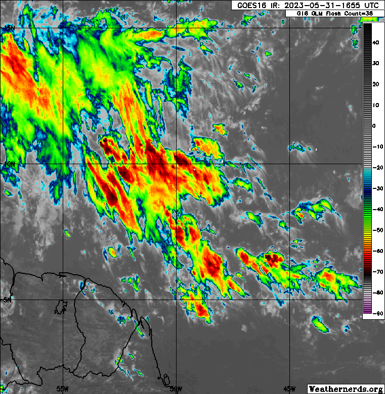 The axis of Tropical Wave 07 along 53W on Wednesday, May 31st, 2023, with scattered moderate to isolated strong convection between 8N and 12N, between 55W and 45W, east of Trinidad and Tobago. (Weathernerds.org)