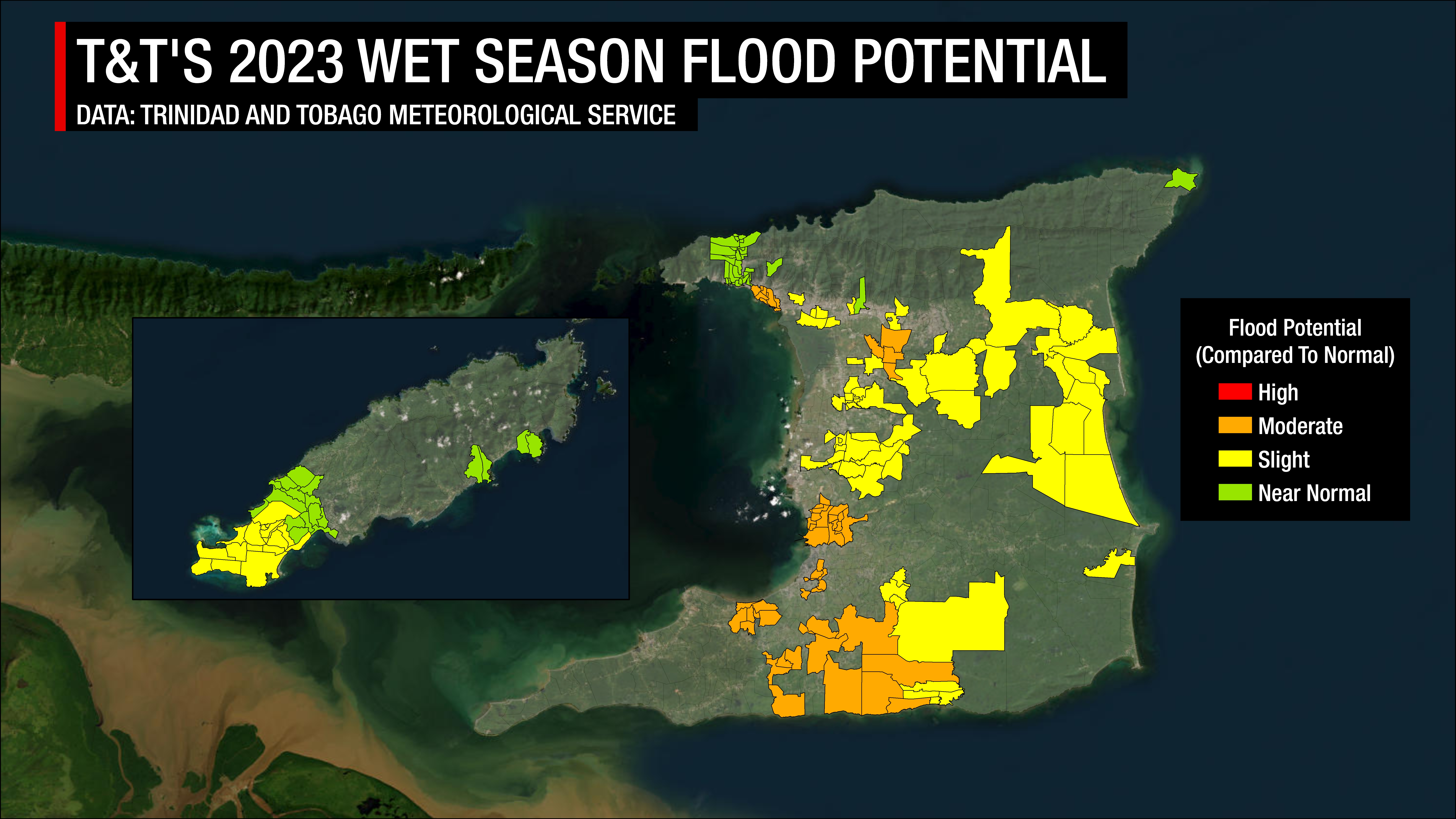 The 2023 Wet Season Flood Risk Potential compared to normal risk according to the Trinidad and Tobago Meteorological Service. Red indicates much higher than normal flood potential. Orange indicates moderately higher than normal flood potential, yellow shows slightly higher than normal flood potential, and green shows near-normal flood potential.