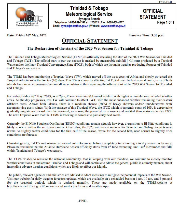 The Trinidad and Tobago Meteorological Service declaration of the 2023 Wet Season (Trinidad and Tobago Meteorological Service)
