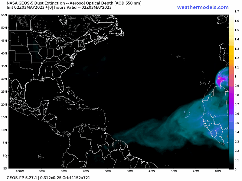 00Z Wednesday, May 3rd, 2023, NASA GEOS-5 Dust Extinction Model Monitoring Tropical Atlantic Aerosol Optical Depth showing Saharan Dust.