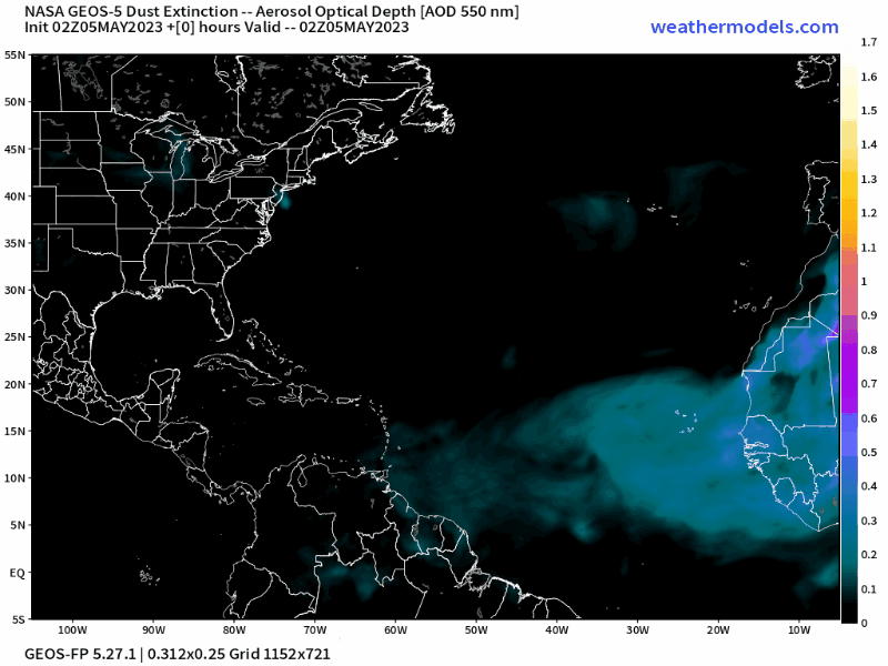 00Z Friday, May 5th 2023, NASA GEOS-5 Dust Extinction Model Monitoring Tropical Atlantic Aerosol Optical Depth showing Saharan Dust.